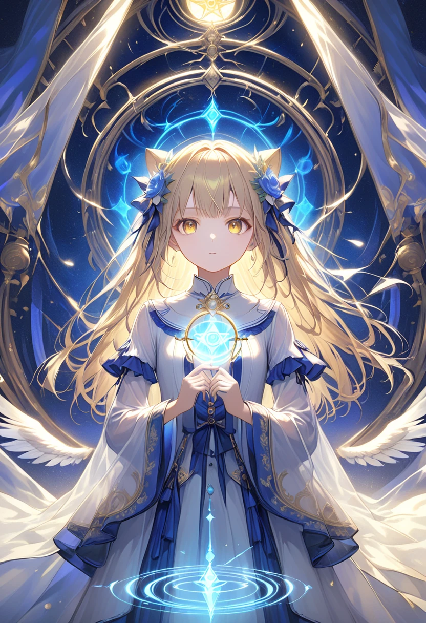 Masterpiece, high quality, high resolution, 16K, background detail, Makoto Shinkai illustration, hyperrealistic, haunting visual spectacle, vibrant colors, cinematic lighting, digital painting, gold tone, petite girl, full body, small breasts, beautiful face, long eyelashes, fair skin, golden eyes 
Twin-tailed blonde hair, partially transparent fabric, beautiful skin, magical girl, gothic Lolita style dress with light, magic circle decorations on chest and sleeves, skirt fluttering in the wind, magic wand, ring, light particles, magic circle, wand raised above, summoning magic, summoned beast, summoned beast stands behind girl with a solemn atmosphere Standing, serious expression, fantastic glow, temple of light, inside the temple, solemn atmosphere, sacred atmosphere, magical light,