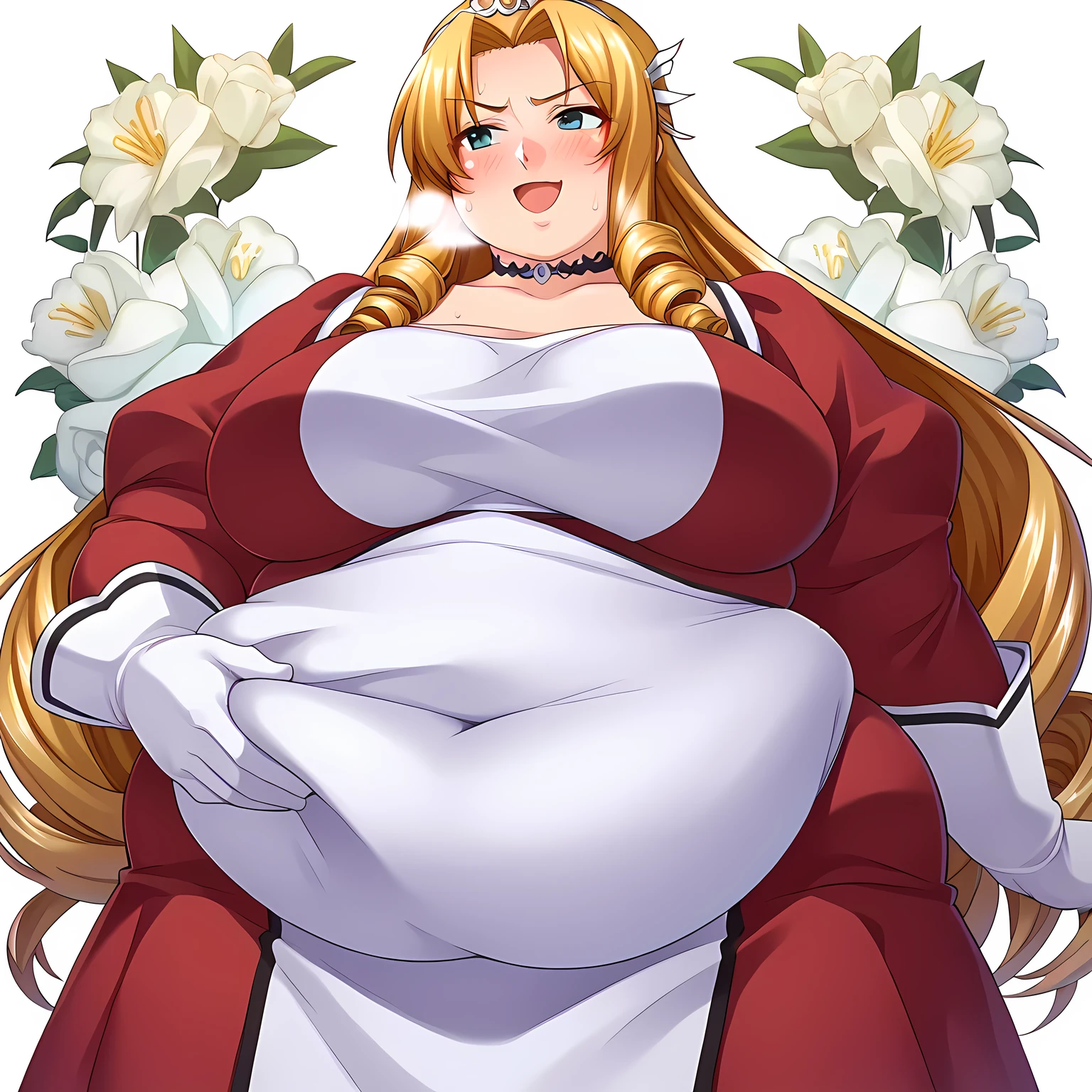 score_9, score_8_up, score_7_up, floral background, romance manhwa, 1girl, blonde hair, solo, long hair, flower, dress, tiara, white dress, gloves, long sleeves, choker, green eyes, narrowed eyes, white gloves, black bow, black flower, drill hair, bow, jewelry, looking at viewer, white background, collarbone, puffy sleeves, silver accessories, upper body, parted bangs, very long hair, red dress, frills, bangs, closed mouth, smile, cowboy shot, dynamic pose, dynamic angle, dynamic cut bulging belly, fat, chubby, obese, open mouth, out of breath, absurdres, highres icon, rating:General, confused, blush,  nervous sweating, portrait, pov hands, hand on another's belly, averting eyes, [looking away], straight-on, from below, swollen face, masterpiece, best quality, ultra-detailed, high resolution, 8K, absurdres, highres icon,