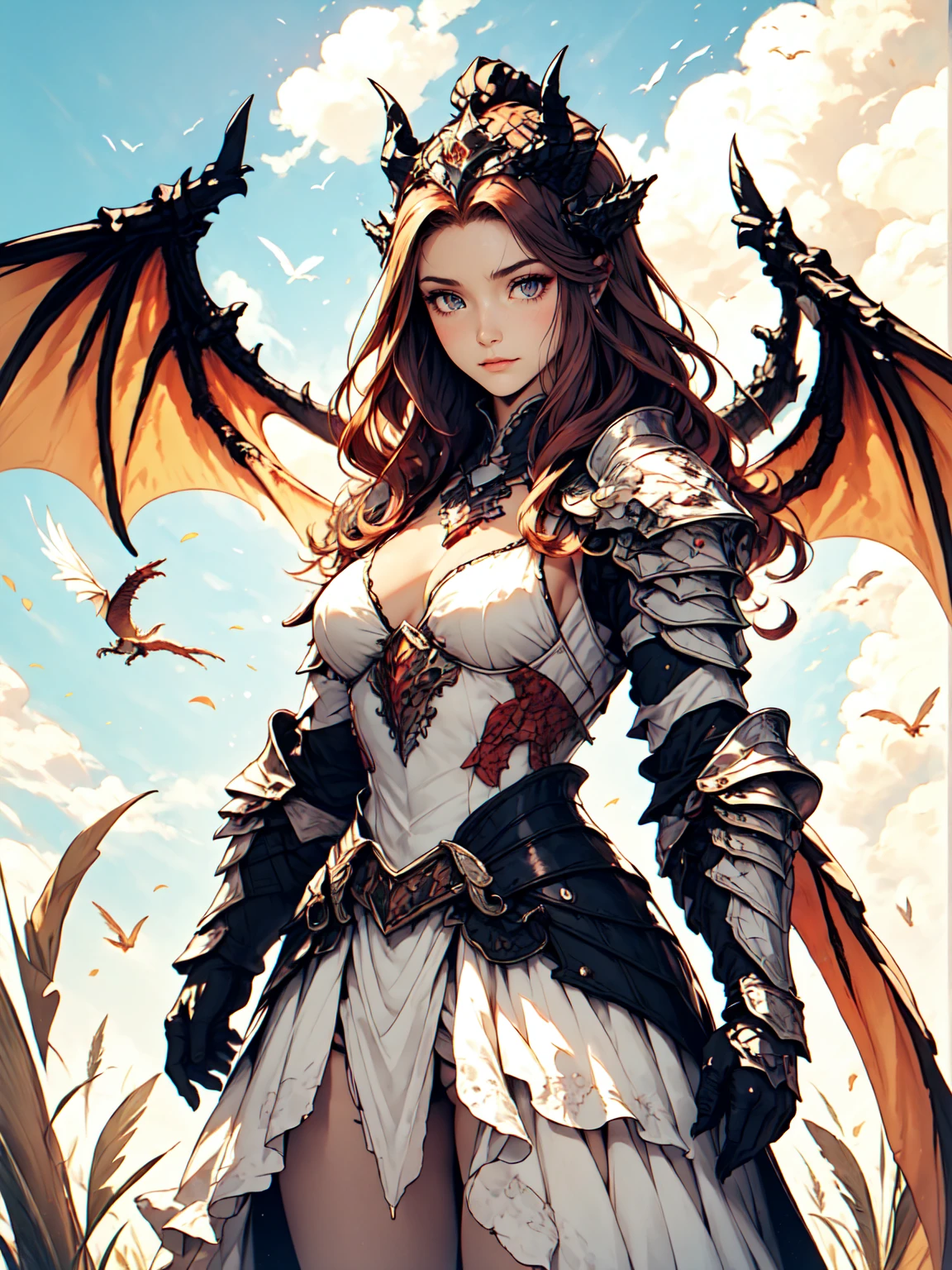  Masterpiece , Concept art, Cowboy Shoot, In the middle, 1 girl, Cute Dragon Knight , Dragon Wings, Red hair, Purple eyes, Long wavy hair, Grassland, Cloud, sky,  bright colors ,  Epic Novel ,  Great Proportion, HD,The Magnificent Queen