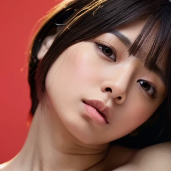 (masterpiece, best quality, perfect anatomy, highres, 8k, realistic, photorealistic, natural skin texture:1.2), 1girl, solo, Japanese, age20, erogao, parted lips, Close eyelids and pout lips, face closeup, from front, nude, spot lighting, red background