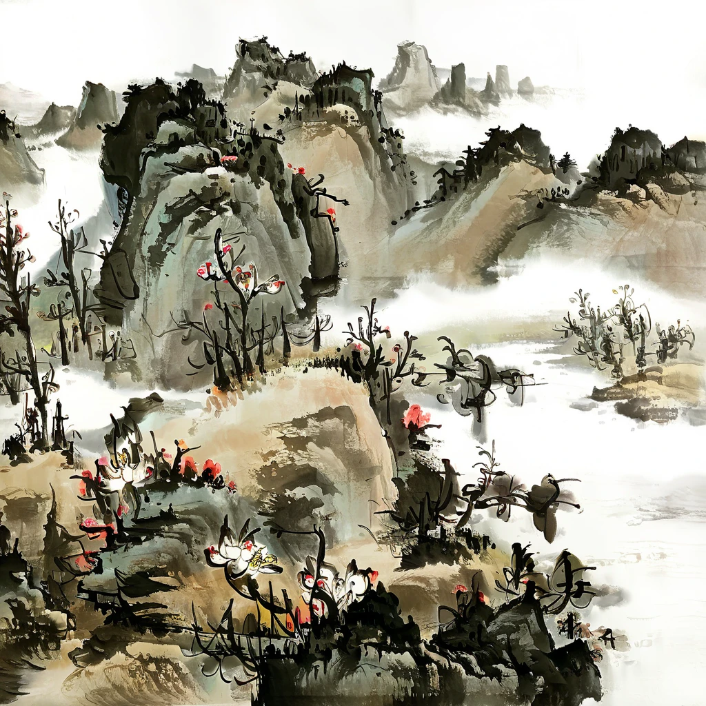 Ink painting, Chinese Painting,Chinese ink painting,ink water,li keran, dong xiwen, rural scenery in northern China, yellow flowers blooming on both sides of the hilly road, (flowers: 1.1), (buds: 1.4), flowers in full bloom, mountains in northern China in the distance, many tourists walking on the winding path, official art, watercolor ink painting on parchment, watercolor ink, ink, ink painting, ((simple)), simple, minimalist, beige, white background, mist, distant mountains, ink style, ink painting, rice paper texture, clean, no text, no title, light white and light gray