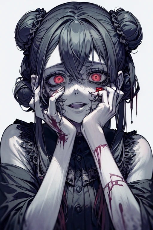 (masterpiece:1.2, Highest quality), (Actual Photos, Intricate details), (1 female, alone, Small breasts) ，Scary atmosphere、Distorted facial expressions、Blood splatter、Cuts on the face、burns on the face、whole body、Punk Fashion、Long Hair、Long bangs、Twin tails、Black Hair、（（（Dark circles under the eyes）））、Pale skin、Feeling unwell、Pathological、Wicked Smile、Crazy Eyes、（Grin）Dramatic makeup，Create mixed media art、White Background