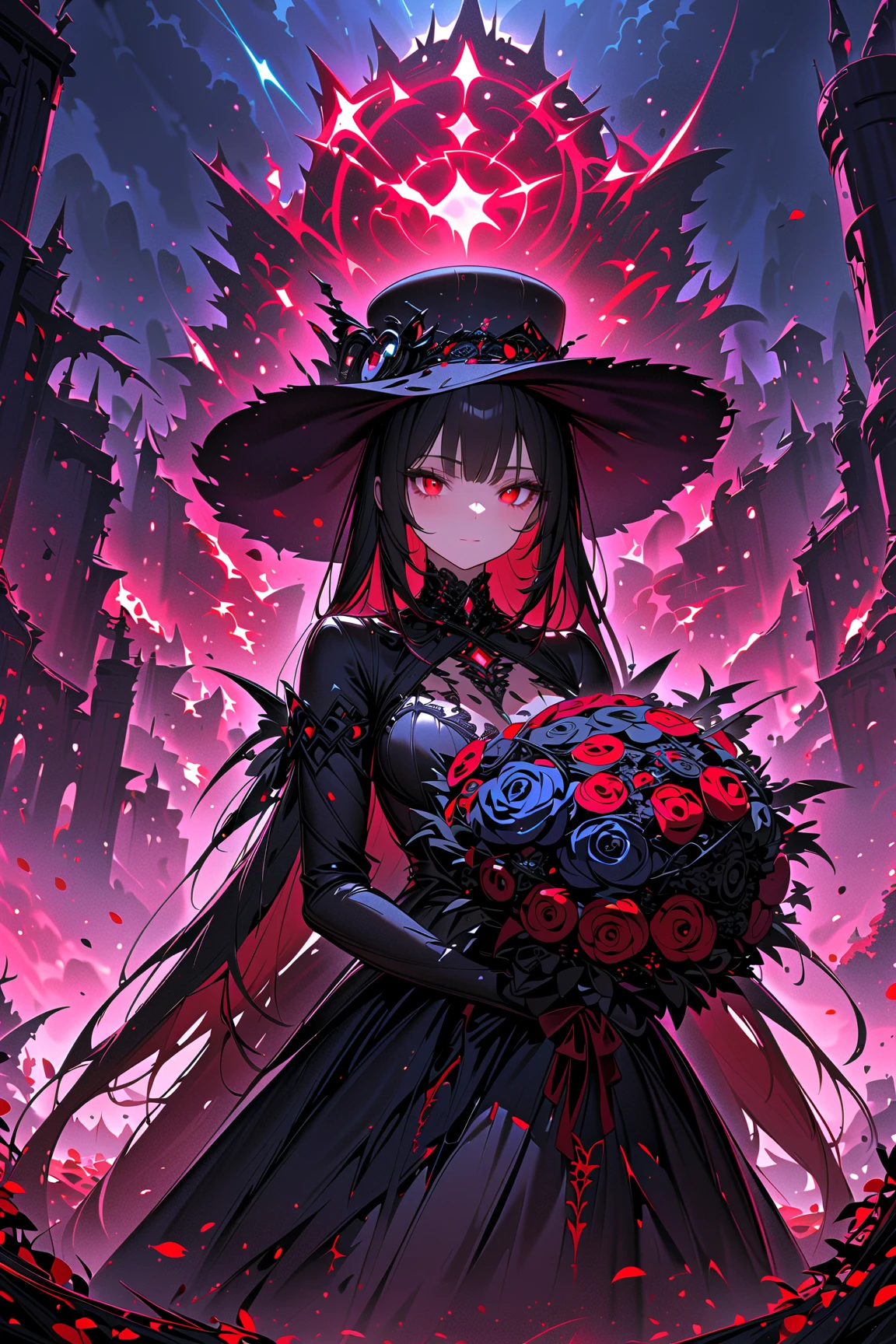 1 ,face not visible,black Gothic dress,black hat,holding white bouquet,standing,front,red and black petals flying in profusion,night,dark fantasy,cursed graveyard background,masterpiece,best quality,ultra detailed,8k portrait,unity 8k wallpaper,super fine illustration