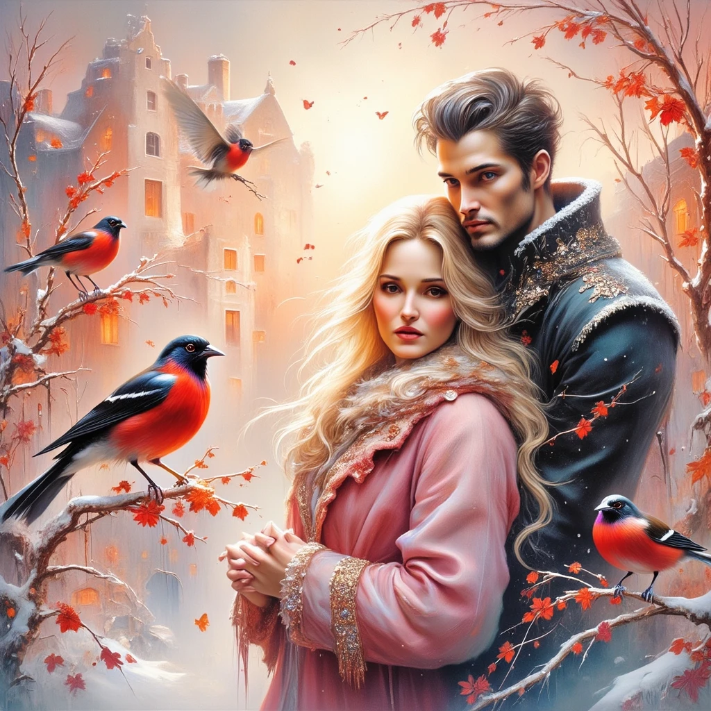 (((EXTREMALLY DETAILED ULTRAREALISTIC 3D OCTANE RENDER VOLUME EMBOSSING IMPASTO FOREGROUND: 1.5))) It's a beautiful SNOWY scene of WINTER with SNOWBIRDS in vibrant PINK-RED-BURGUNDY hues and HOLOGRAPHICBLIKS SNOWFLAKES sparkling in bokeh light, a beautiful young couple, a long BLONDE 18 YEARS WOMAN EMOTIONAL EXPRESSIVE PASSIONATE HUGS 30 YEARS MUSCULAR BRUTAL MAN WITH SHORT BLACK HAIR, standing TOGETHER. ON PASTEL BACK SNOWY TREES WITH  BULLFINCHES, illuminating branches in warm sunlight, creating a peaceful and golden mood. Paint a dreamy hazy breezy wet on wet watercolour artwork, using minimal paints and maximum loose water effects, WINTER  colour palette, melancholy composition, minimalist, impressionist, with no text. MODERN CASUAL WINTER COATS. PASTEL MOODY BACK CITY MEGAPOLIS WITH ORANGE LIGHTNING WINDOWS. BEAUTIDUL DETAILED EYES.
bokeh ethereal beautiful fantastic view Golden ratio dreamy nostalgic Atmospheric melancholy natural light Tran Nguyen rules of third Visual Poetry fog and smoke unfiltered creativity minimal paint and water effects beautiful WINTER palette Dreamy Hazy Breezy (((2D BLURRY PASTEL BACKGROUND: 1.2))) (((GOLD GLOSSING DETAILES JEWELLERY,SPARKLING TRANSPARENT STONES)))