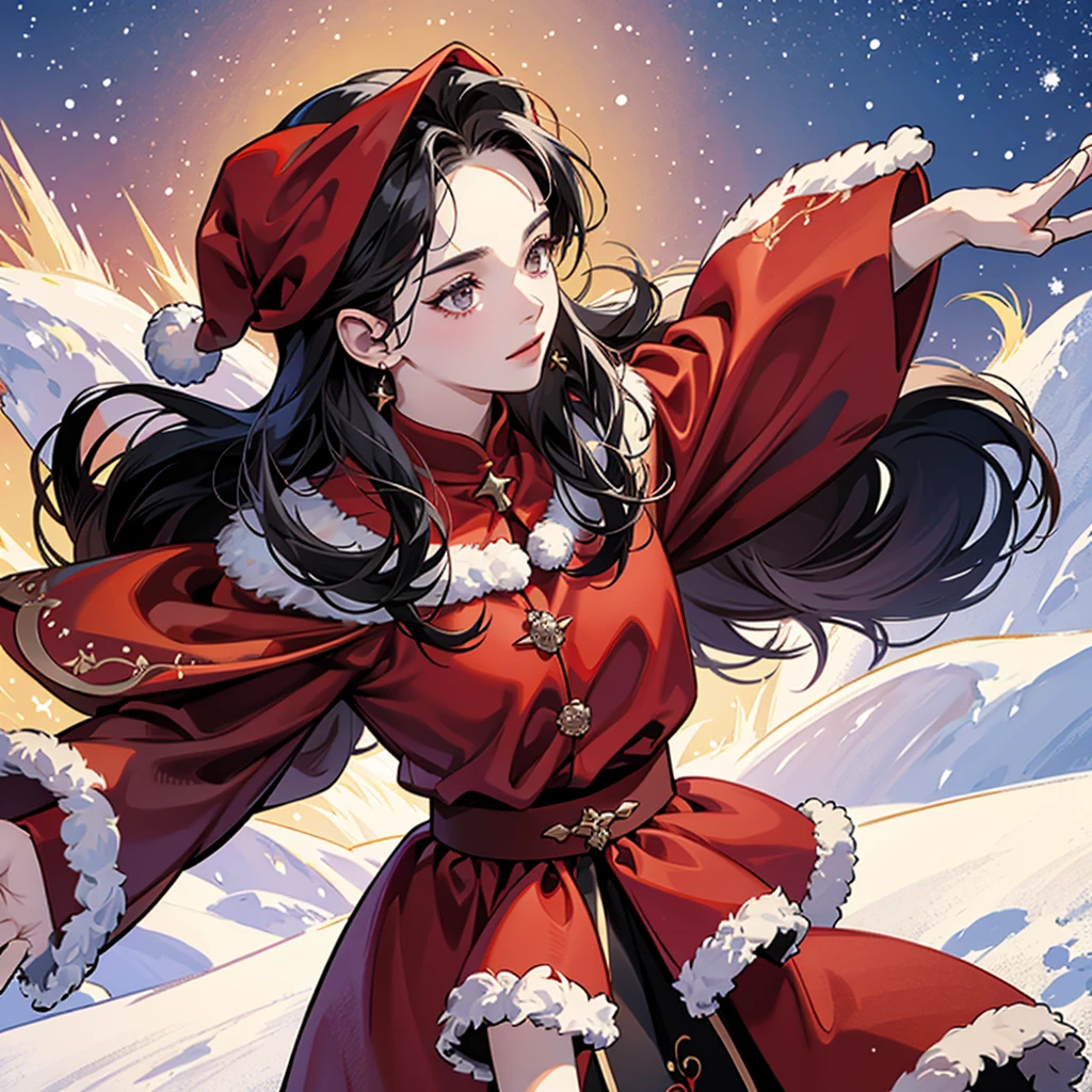  high definition , 1 Female, Alone,  Hip Up, ( detailed face ),  black hair,  long hair, red christmas Santa costume、,Beautiful clothes,  jewelry, snowy landscape background 