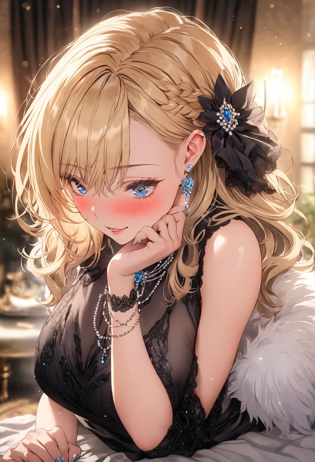 A beautiful adorable blonde woman, dressed very elegantly at an expensive party 