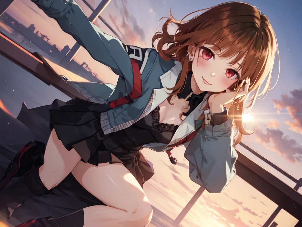 Solo, 1 girl, (human ear, earring), (long hair, hair accessory), (anime face), (sitting sideways at an angle, hand on head), (lacy black wedding dress, lacy black skirt), (sunset sky, sunset sun, evening sky), (focus on chest, oblique angle), (high resolution, masterpiece, accurate, anatomically correct, multiple awards, top quality, detailed, high quality model, high quality, quality, retina, highly detailed, textured skin, ultra high resolution).