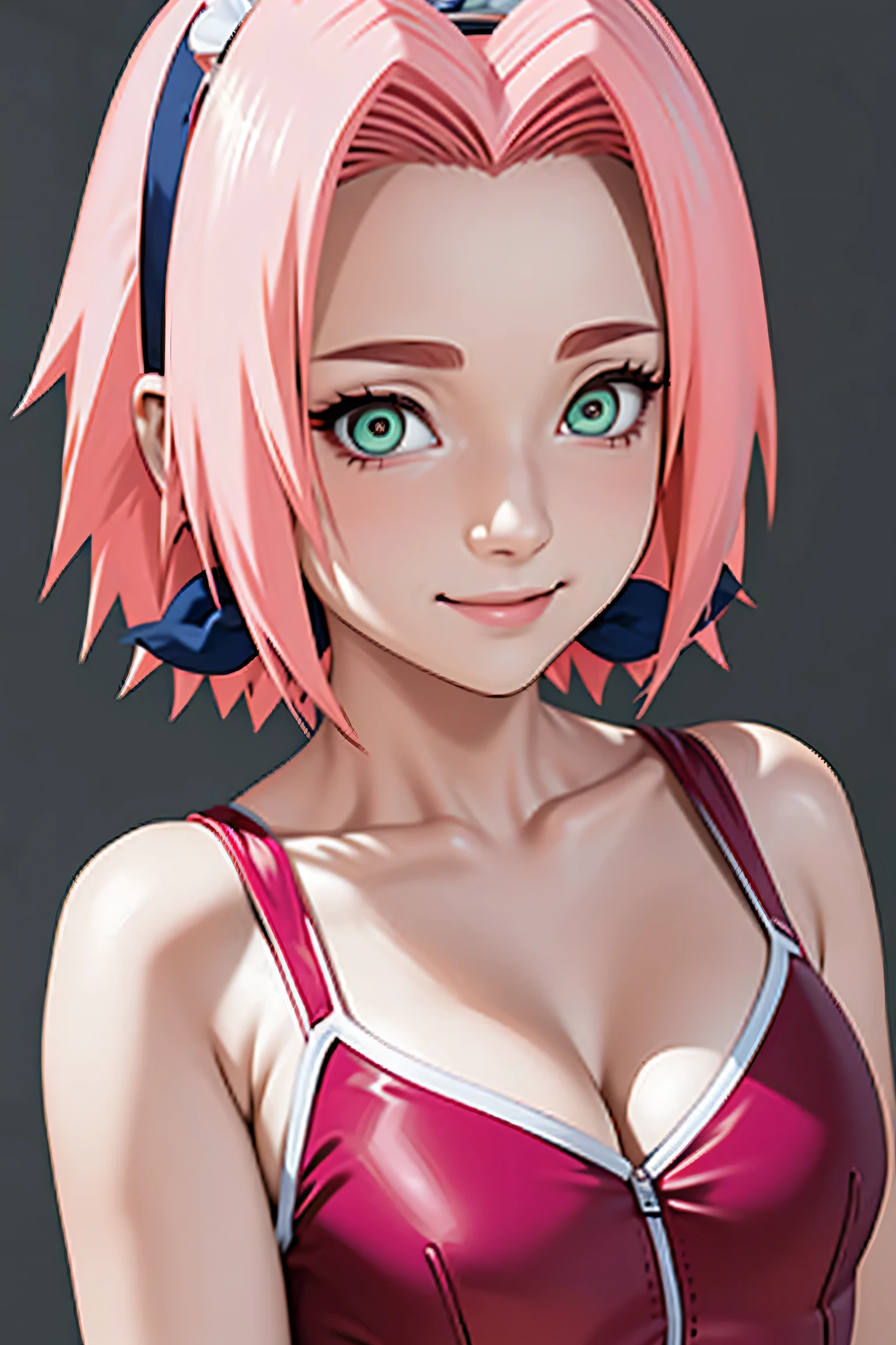 tmasterpiece，  Best quality at the best price ， 1 girl， Sakura haruno，  large breasts transparent bathing suit，（neckline)，（ Close-up of the upper body)，Sexy maid，He is shy，smile，with pink hair， short hair，Shinobi headband , original art（Green eyeballs:1.4