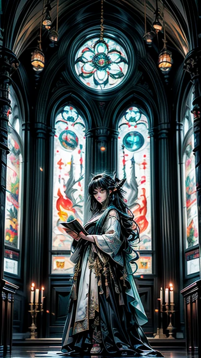 anime witch,owl， hair color is turquoise , eye color is dark green , The scale of the picture is breathtaking , when you cast a spell, the wind blows and everything soars, beautiful appearance and attractive , raise your hands , the book of spells shines gold , forest,  high resolution wallpaper 4k ,  fantasy standing in a church,  fantasy standing in a church, Detailed maximum, masterpiece, The depiction of the picture is clear 