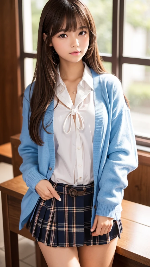 (masutepiece:1.2, top-quality), (Realistic, Photorealistic:1.4), Beautiful illustration,
view the viewer, full body Esbian, Front view:0.6,
1 girl, Japanese, High School Girl, (semi long hair:1.5), blown hair, Bangs, hair between eye, Large breasts:0.8,
Beautiful hair, Beautiful face, Beautiful detailed eyes, Beautiful collarbone, Beautiful body, beautiful boob, beautiful thigh, Beautiful legs, Beautiful fingers,
(Beautiful scenery), , School,
((Collared shirt, White shirt, School uniform, Cardigan, Grey checked pleated skirt, Blue plaid bow tie)), White panties,
Standing, Walking,
Smile, ((NSFW:1.4))
