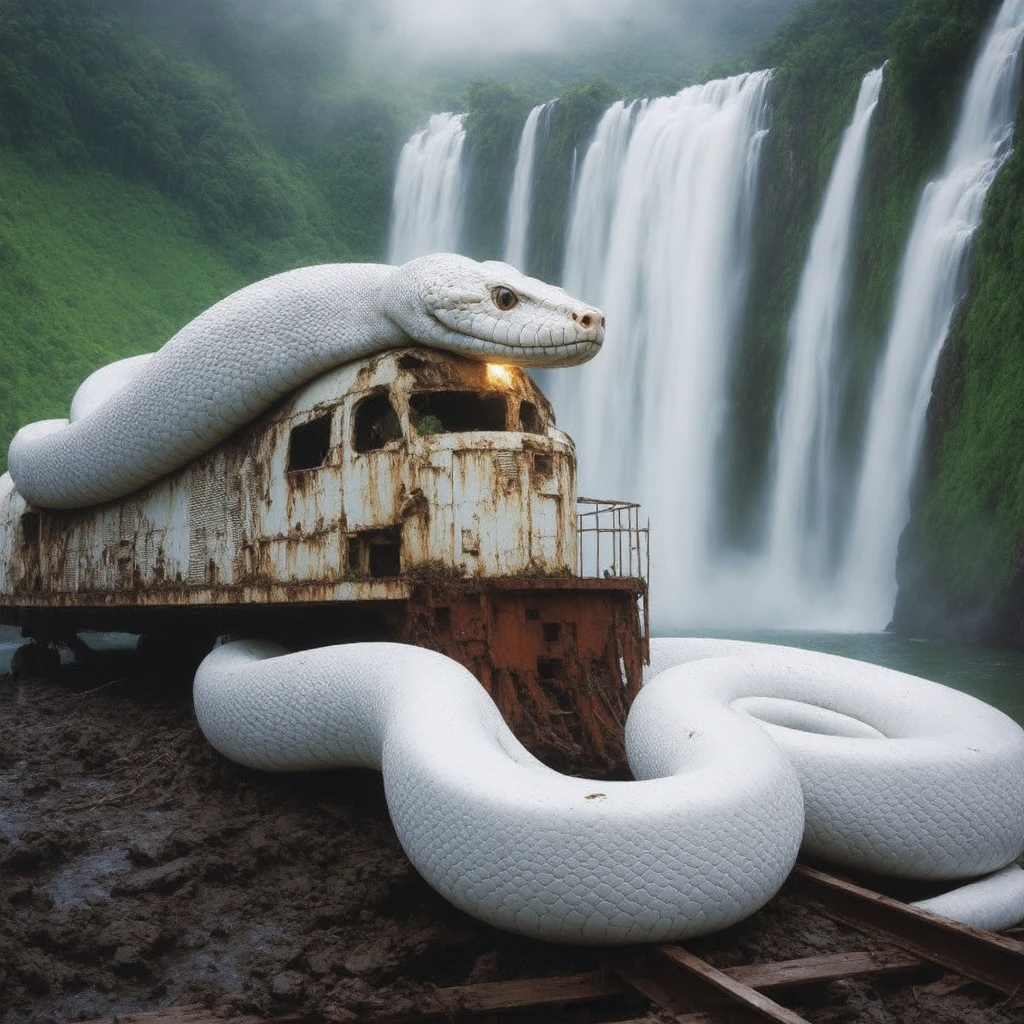  Ul a giant white python creeps along the fuselage of an old derelict transport aircraft, where part of its wing broke off and sank in a swamp 