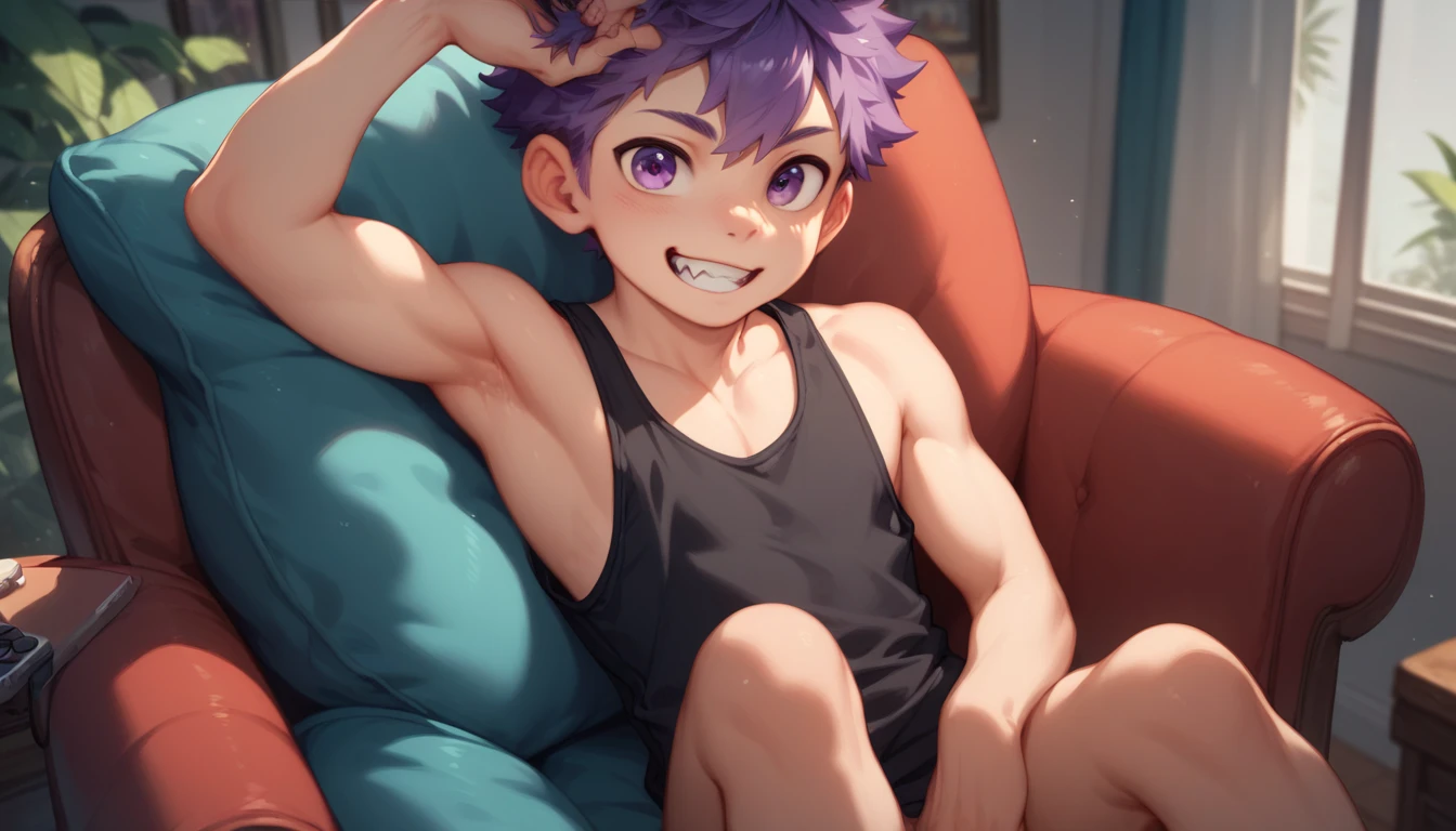 a handsome cute yr,was playing console games,messy short purple hair and purple eyes,wearing black singlet,naked,from front,sitting in sofa chair grey,showing off his canine teeth,fullbody