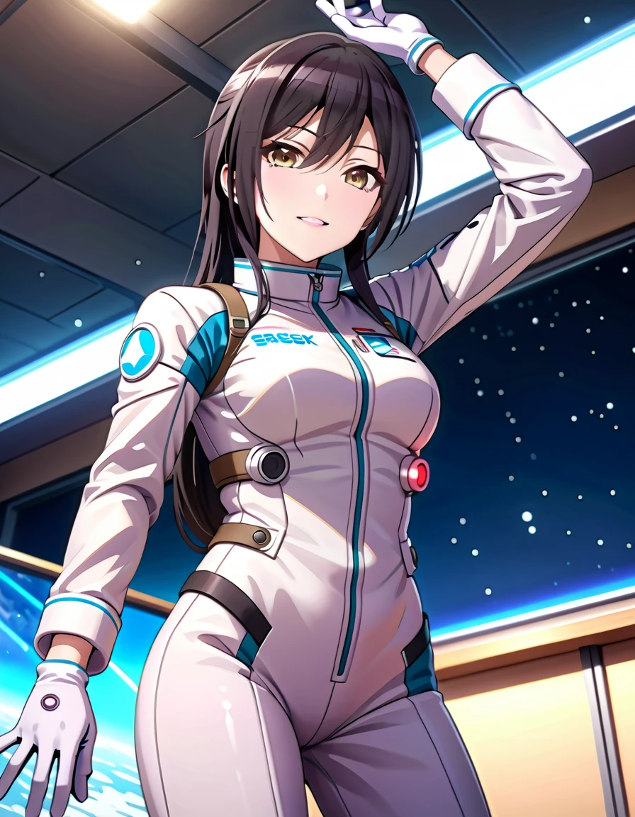 (spacesuit:1.15), white cargo pants, astronaut)bubble helmet, space helmet, white gloves , , looking close at you, classroom, standing, masterpiece, best quality, 1girl, beautiful,  image from below, solo, , shirase sakuya, srssky, black hair, straight hair, bangs, yellow eyes, large breasts, happy, saluting, fullbody