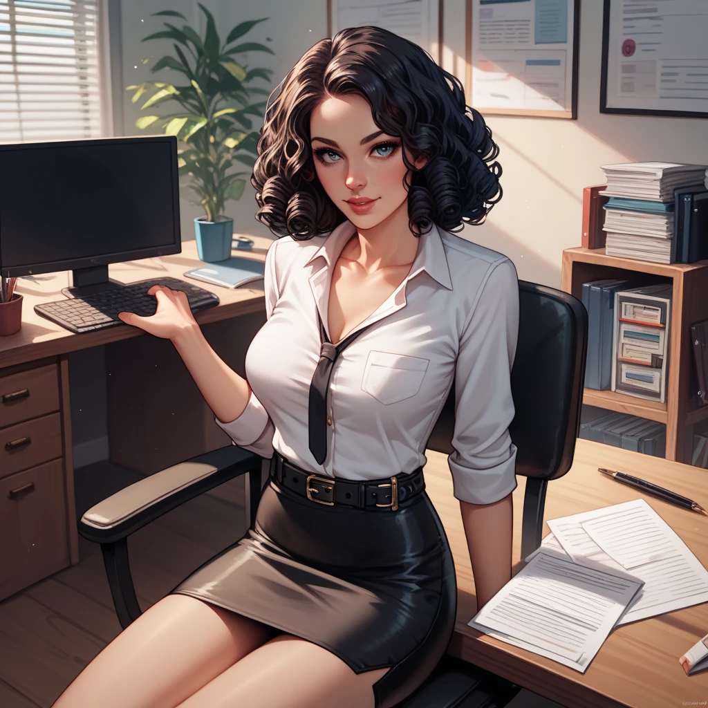 score_9, score_8_up, score_7_up, score_6_up, score_5_up, score_4_up, mature businesswoman sitting in office looking at viewer, black hair, blunt bangs, sharp bob haircut, <lora:IlyaKuvshinovXL:1>