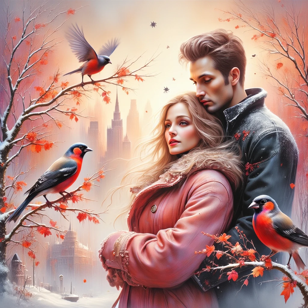 (((EXTREMALLY DETAILED ULTRAREALISTIC 3D OCTANE RENDER VOLUME EMBOSSING IMPASTO FOREGROUND: 1.5))) It's a beautiful SNOWY scene of WINTER with SNOWBIRDS in vibrant PINK-RED-BURGUNDY hues and HOLOGRAPHICBLIKS SNOWFLAKES sparkling in bokeh light, a beautiful HAPPY LOVE couple, a long BLONDE 18 YEARS WOMAN EMOTIONAL EXPRESSIVE PASSIONATE HUGS 30 YEARS MUSCULAR BRUTAL MAN WITH SHORT BLACK HAIR, standing TOGETHER. ON PASTEL BACK SNOWY TREES WITH  BULLFINCHES, illuminating branches in warm sunlight, creating a peaceful and golden mood. Paint a dreamy hazy breezy wet on wet watercolour artwork, using minimal paints and maximum loose water effects, WINTER  colour palette, melancholy composition, minimalist, impressionist, with no text. MODERN CASUAL WINTER COATS. PASTEL MOODY BACK MODERN MIRROR'S SKYSCRAPERS. BEAUTIDUL DETAILED EYES.
bokeh ethereal beautiful fantastic view Golden ratio dreamy nostalgic Atmospheric melancholy natural light Tran Nguyen rules of third Visual Poetry fog and smoke unfiltered creativity minimal paint and water effects beautiful WINTER palette Dreamy Hazy Breezy (((2D BLURRY PASTEL BACKGROUND: 1.2))) (((GLOSSING ULTRADETAILED IDEALSILKGLOSSING HAIRS))) (((MODEL BEAUTIFUL SLAV FACES)))