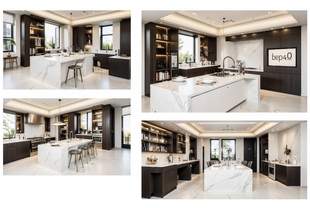 A TOK composite photo of a modern kitchen posing at different angles, in the style of TOK, a modern kitchen, hold a sign with text "BEP4.0"