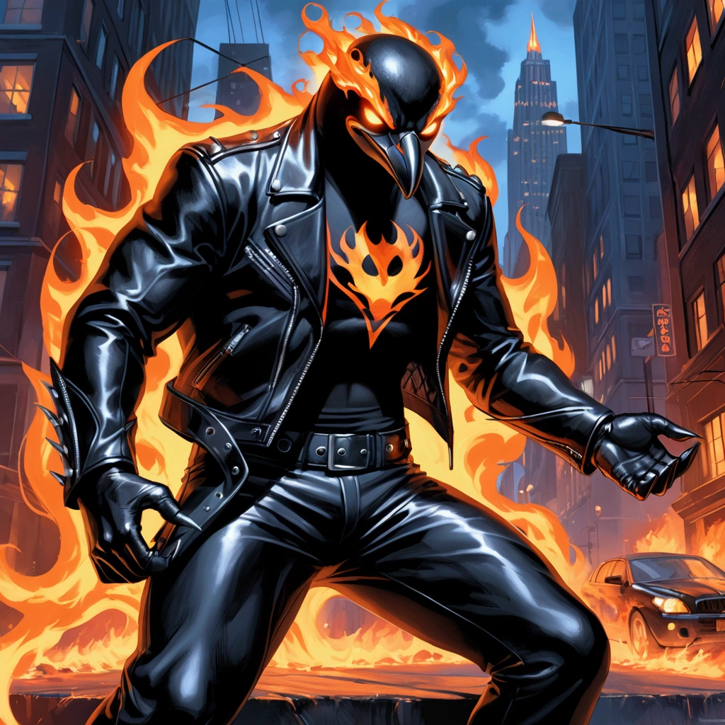 Closeup, Hyper-realistic painting of an extremely badass anthropomorphic penguin completely possessed by Ghost Rider wearing an insanely cool black leather biker jacket open, black shirt, black leather biker gloves, black leather biker pants, fierce, intimidating, menacing glowing eyes, enshrouded by super intense, dark, deadly demonic flames, arms crossed in a neon lit cityscape, the penguin’s gaze ablaze with unyielding courage amidst peril, dramatic tension and unwavering determination showcased in the penguin’s pose, akin to Alex Ross's signature hyper-