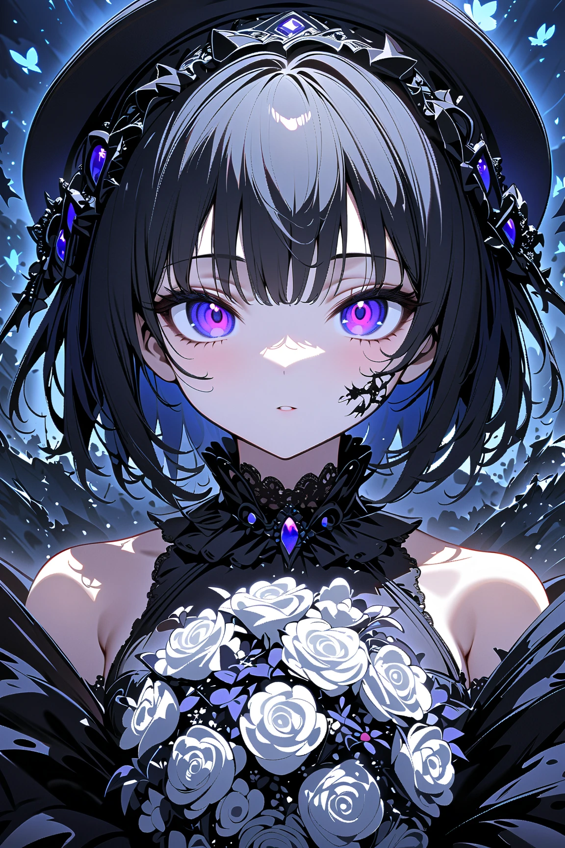 1girl,,face not visible,black Gothic dress,black hat,white bouquet,(holding white bouquet),standing,front,(black petals flying in profusion),night,dark fantasy,cursed graveyard background,masterpiece,best quality,ultra detailed,8k portrait,unity 8k wallpaper,super fine illustration