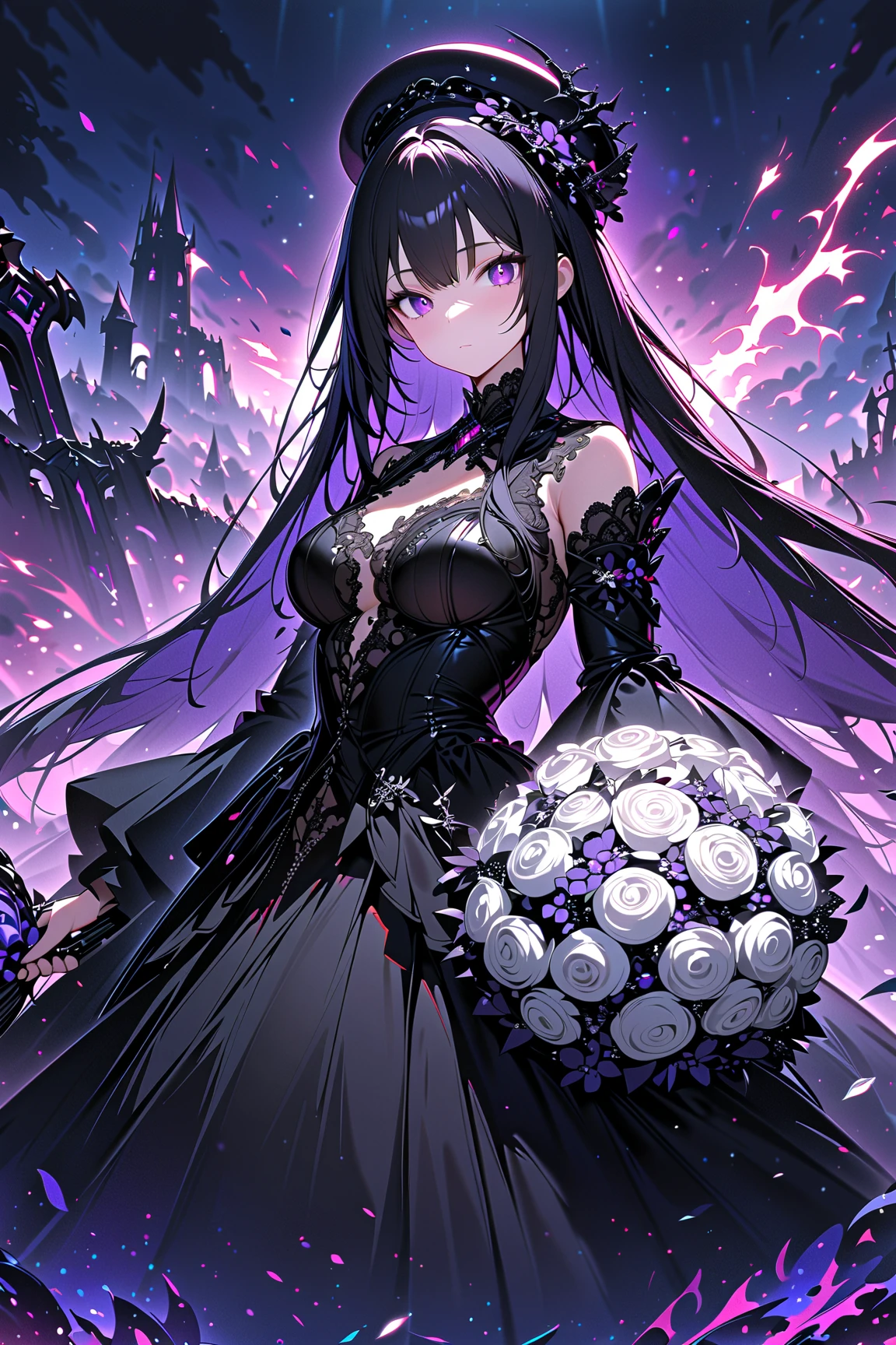 1girl,,face not visible,black Gothic dress,black hat,white bouquet,(holding white bouquet),standing,front,(black petals flying in profusion),night,dark fantasy,cursed graveyard background,masterpiece,best quality,ultra detailed,8k portrait,unity 8k wallpaper,super fine illustration