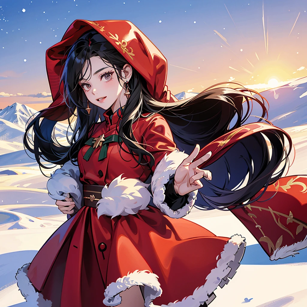  high definition , 1 Female, Alone,  Hip Up, ( detailed face ),  black hair,  long hair, red christmas Santa costume、,Beautiful clothes,  jewelry, snowy landscape background 