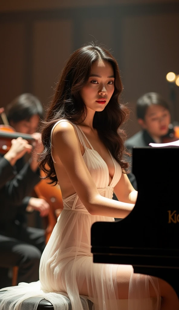 Diffuse lighting、 Highest quality, High resolution, unity 8k wallpaper、Supersaturation, Japanese、1 female、２３age、(Tabletop、Highest quality、8k、Award-winning works、超High resolution)、One beautiful woman、Orchestra Members、Sitting in front of the piano、Musicians、Blurred Background、Accurate anatomy、Ultra HD Hair、超High resolutionの完璧な美しい歯、Ultra-high definition beauty face、Ultra HD Hair、Ultra-high definition sparkling eyes、輝く超High resolutionの美肌、超High resolutionの艶やかな唇、