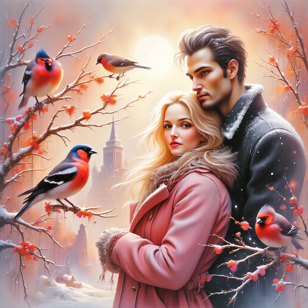 (((EXTREMALLY DETAILED ULTRAREALISTIC 3D OCTANE RENDER VOLUME EMBOSSING IMPASTO FOREGROUND: 1.5))) It's a beautiful SNOWY scene of WINTER with SNOWBIRDS in vibrant PINK-RED-BURGUNDY hues and HOLOGRAPHICBLIKS SNOWFLAKES sparkling in bokeh light, a beautiful HAPPY LOVE couple, a long BLONDE 18 YEARS WOMAN EMOTIONAL EXPRESSIVE PASSIONATE HUGS 30 YEARS MUSCULAR BRUTAL MAN WITH SHORT BLACK HAIR, standing TOGETHER. ON PASTEL BACK SNOWY TREES WITH  BULLFINCHES, illuminating branches in warm sunlight, creating a peaceful and golden mood. Paint a dreamy hazy breezy wet on wet watercolour artwork, using minimal paints and maximum loose water effects, WINTER  colour palette, melancholy composition, minimalist, impressionist, with no text. MODERN CASUAL WINTER COATS. PASTEL MOODY BACK MODERN MIRROR'S SKYSCRAPERS. BEAUTIDUL DETAILED EYES.
bokeh ethereal beautiful fantastic view Golden ratio dreamy nostalgic Atmospheric melancholy natural light Tran Nguyen rules of third Visual Poetry fog and smoke unfiltered creativity minimal paint and water effects beautiful WINTER palette Dreamy Hazy Breezy (((2D BLURRY PASTEL BACKGROUND: 1.2))) (((GLOSSING ULTRADETAILED IDEALSILKGLOSSING HAIRS))) (((MODEL BEAUTIFUL SLAV FACES)))