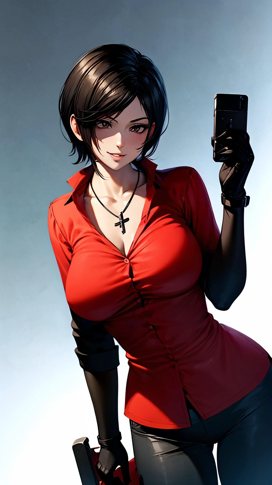 （ super quality, ultra high resolution with forest background,16k,super masterpiece,Ultra HD ,Detailed shading and background,）Resident evil 6,sexy,Photographing the upper body,Short, straight, black hair ,（A red shirt suit that has been unbuttoned, spread wide, and stood straight,Folded sleeves, black long gloves,Tight black pants, black long boots ,） cross necklace, provocative smile ,Thick lips,Neon city at night,