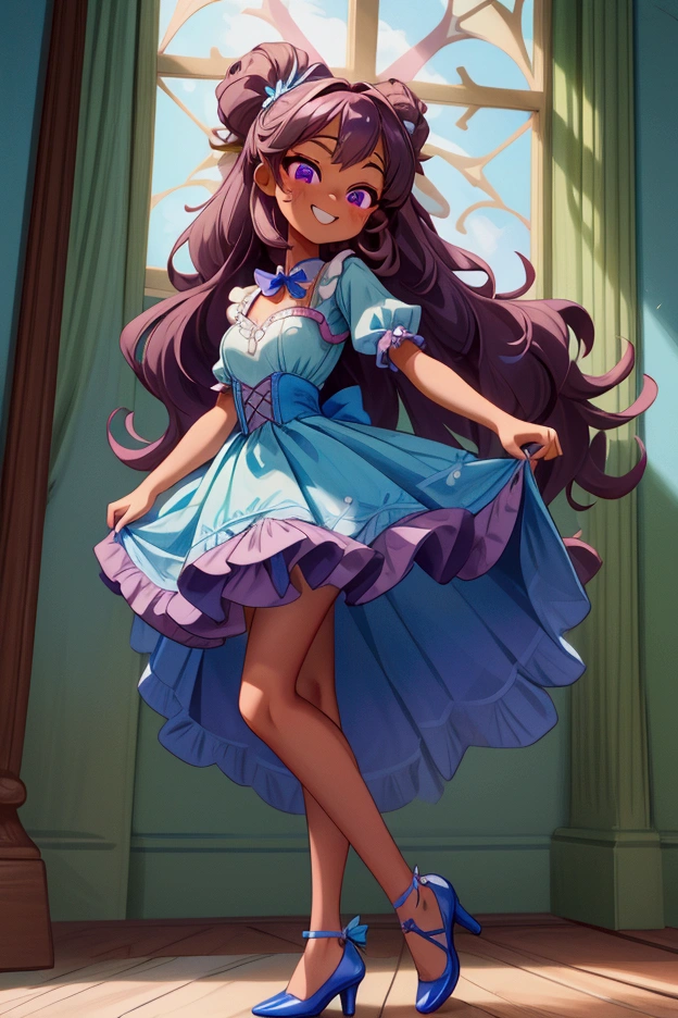 (Masterpiece, best quality) 1 girl, standing indoors with intricate details and sunlight, blue and white frilled dress with short neckline, green esmerald high heel shoes, pink long curly hair, purple eyes, blue ribbon in hair, dark brown skin, sexy smile, confidense attitude, teeth showing, sexy pose, coquette, beautiful long legs, mature  girl, gorgeous body, pronounced breasts.