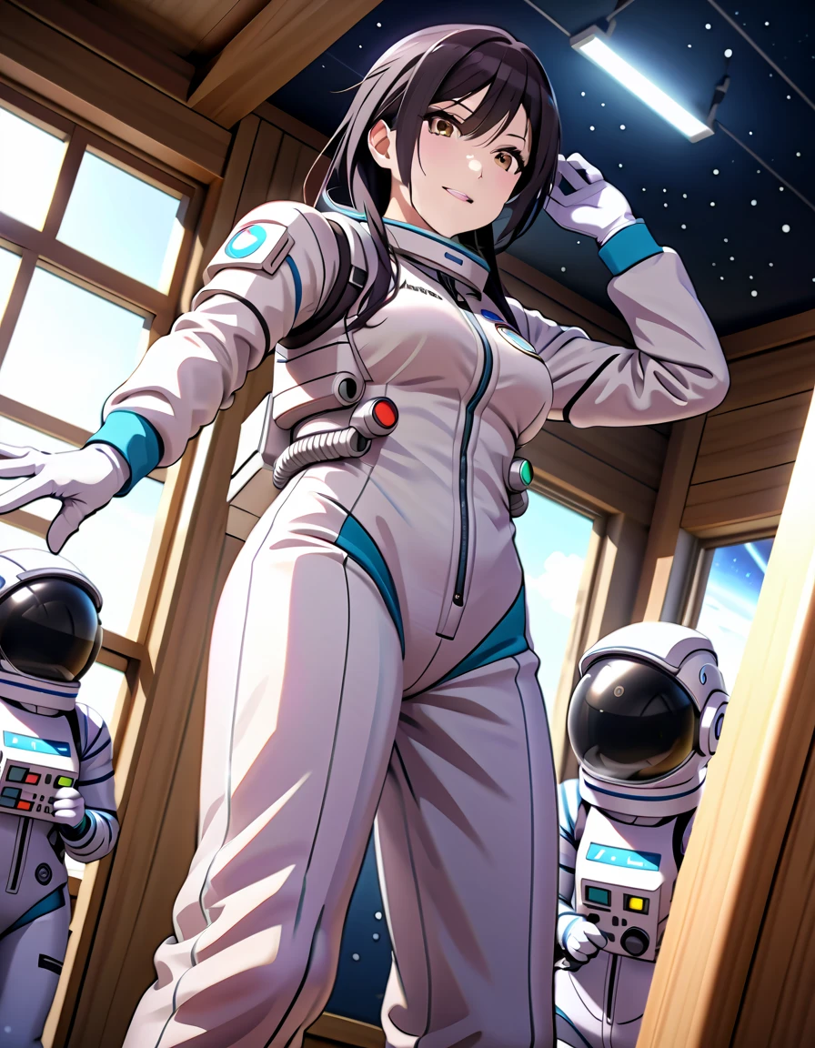 (spacesuit:1.15), white cargo pants, astronaut)bubble helmet, space helmet, white gloves , , looking close at you, classroom, standing, masterpiece, best quality, 1girl, beautiful,  image from below, solo, , shirase sakuya, srssky, black hair, straight hair, bangs, yellow eyes, large breasts, happy, saluting, fullbody