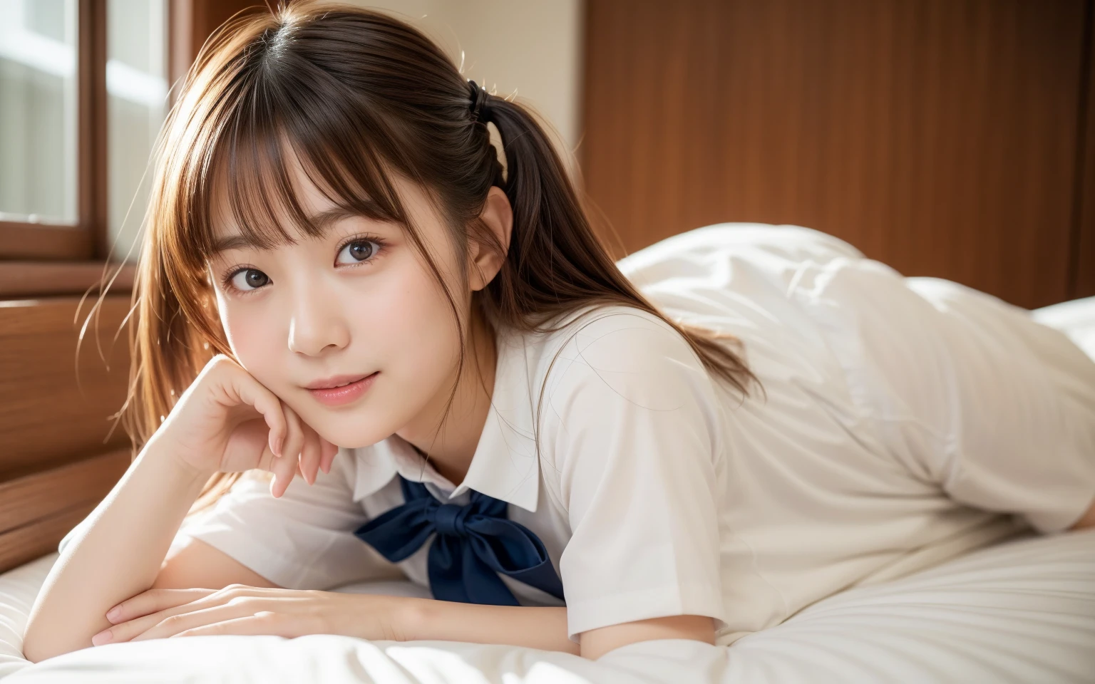 realistic depiction, one girl, white shirt, dark blue pleated skirt, on all fours, on the bed, angle from below, 4K, 8K, 18 years old, smile, cute, night, long hair, brown eyes, black hair, upper body only