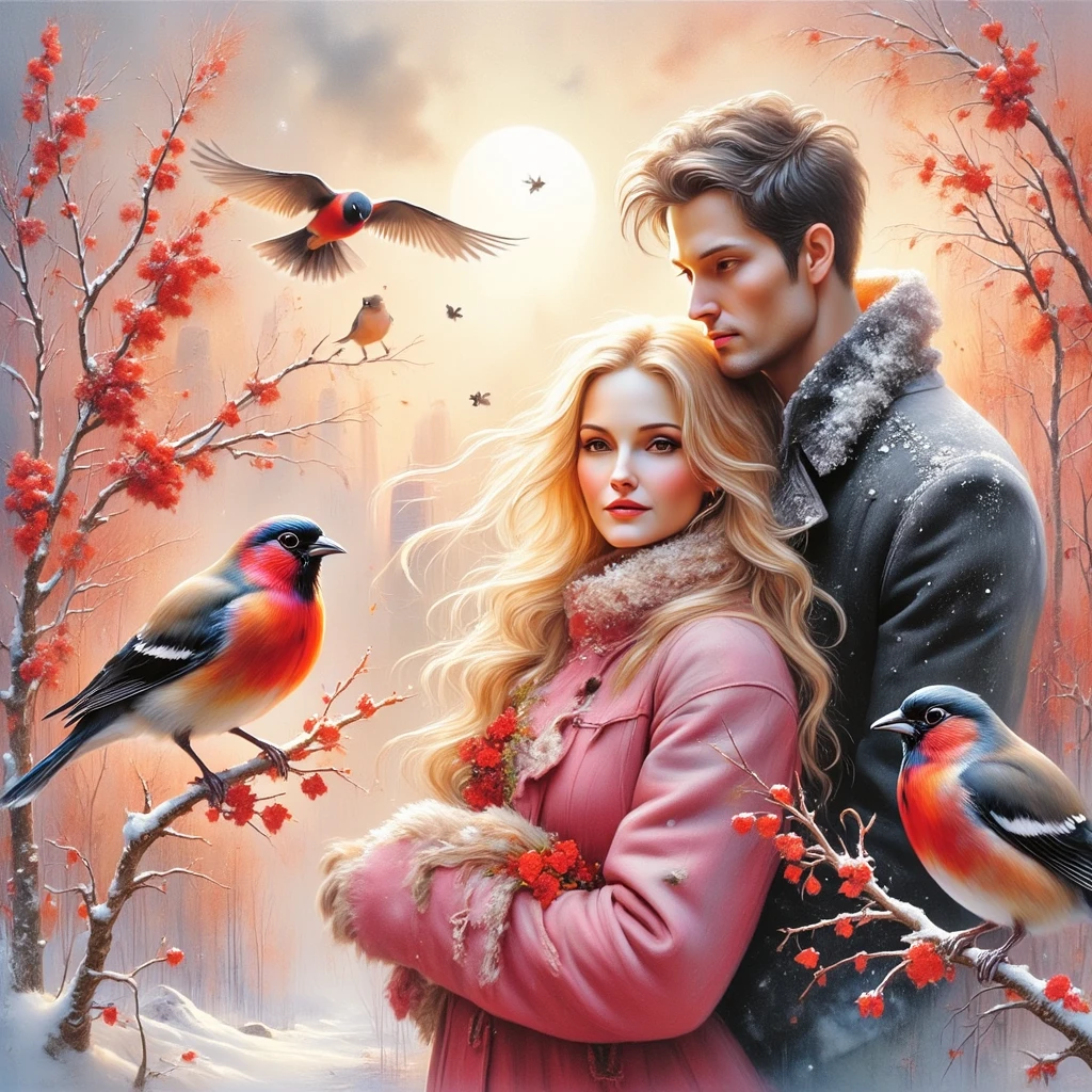 (((EXTREMALLY DETAILED ULTRAREALISTIC 3D OCTANE RENDER VOLUME EMBOSSING IMPASTO FOREGROUND: 1.5))) It's a beautiful SNOWY scene of WINTER with SNOWBIRDS in vibrant PINK-RED-BURGUNDY hues and HOLOGRAPHICBLIKS SNOWFLAKES sparkling in bokeh light, a beautiful HAPPY LOVE couple, a long BLONDE 18 YEARS WOMAN EMOTIONAL EXPRESSIVE PASSIONATE HUGS 30 YEARS MUSCULAR BRUTAL MAN WITH SHORT BLACK HAIR, standing TOGETHER. ON PASTEL BACK SNOWY TREES WITH  BULLFINCHES, illuminating branches in warm sunlight, creating a peaceful and golden mood. Paint a dreamy hazy breezy wet on wet watercolour artwork, using minimal paints and maximum loose water effects, WINTER  colour palette, melancholy composition, minimalist, impressionist, with no text. MODERN CASUAL WINTER COATS. PASTEL MOODY BACK MODERN MIRROR'S SKYSCRAPERS. BEAUTIDUL DETAILED EYES.
bokeh ethereal beautiful fantastic view Golden ratio dreamy nostalgic Atmospheric melancholy natural light Tran Nguyen rules of third Visual Poetry fog and smoke unfiltered creativity minimal paint and water effects beautiful WINTER palette Dreamy Hazy Breezy (((2D BLURRY PASTEL BACKGROUND: 1.2))) (((GLOSSING ULTRADETAILED IDEALSILKGLOSSING HAIRS))) (((MODEL BEAUTIFUL SLAV FACES)))