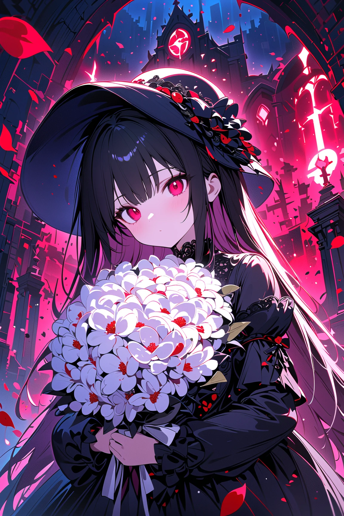 1girl,,face not visible,black Gothic dress,black hat,white bouquet,(holding white bouquet),standing,front,(black petals flying in profusion),Rain of petals,many petals,innumerable petals,large quantity of petals,night,dark fantasy,cursed graveyard background,masterpiece,best quality,ultra detailed,8k portrait,unity 8k wallpaper,super fine illustration