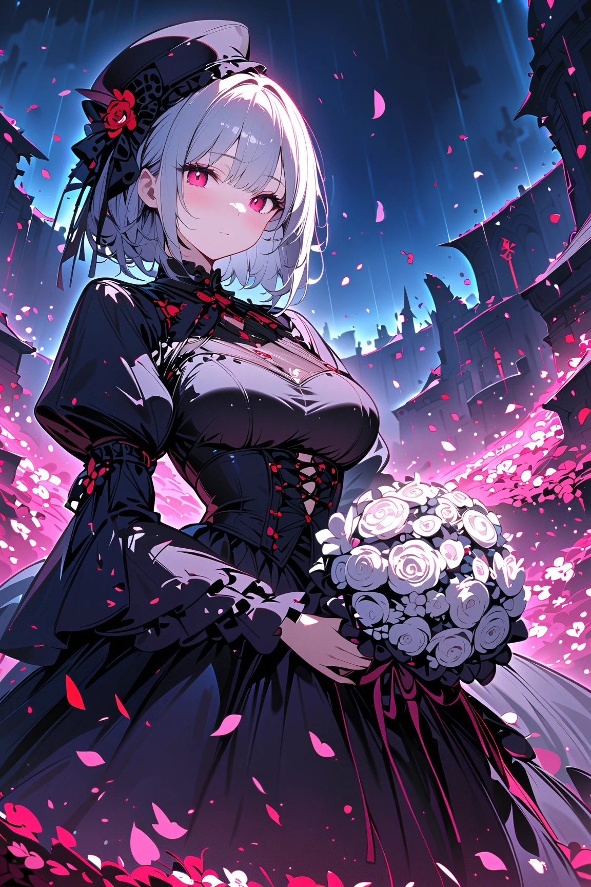 1girl,,face not visible,black Gothic dress,black hat,white bouquet,(holding white bouquet),standing,front,(black petals flying in profusion),Rain of petals,many petals,innumerable petals,large quantity of petals,night,dark fantasy,cursed graveyard background,masterpiece,best quality,ultra detailed,8k portrait,unity 8k wallpaper,super fine illustration