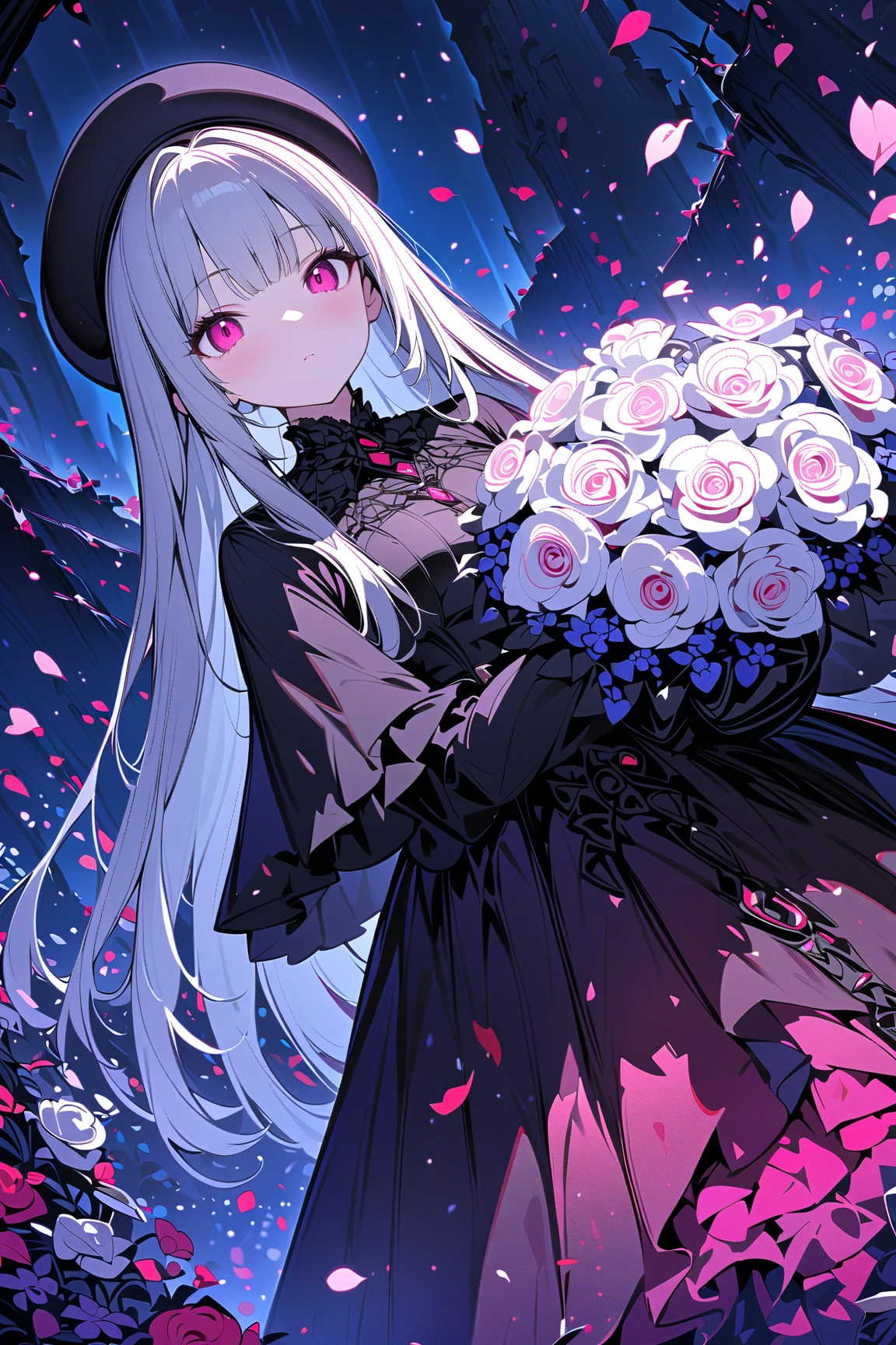 1girl,,face not visible,black Gothic dress,black hat,white bouquet,(holding white bouquet),standing,front,(black petals flying in profusion),Rain of petals,many petals,innumerable petals,petals floating in the air,Art Deco,Color Field painting,rococo style,chiaroscuro,cinematic lighting,large quantity of petals,night,dark fantasy,graveyard background,masterpiece,best quality,ultra detailed,8k portrait,unity 8k wallpaper,super fine illustration