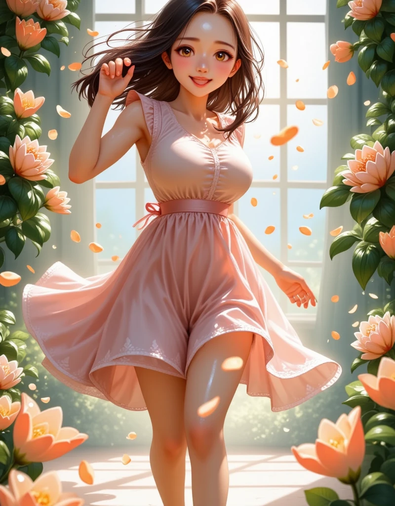 Beautiful Picture Flower petals are pouring ,  throughout the picture The girl happily Dances in the Petals is a masterpiece, 8 k,  Complex Details ,  Best quality ,