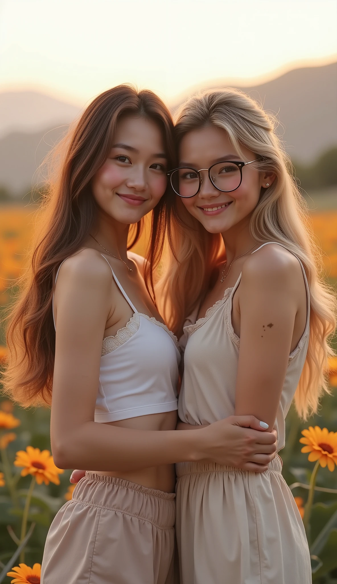 Two  high school girls, very long hair like Rapunzel, flower crown on head,princess face,innocent,tender,totally naked without clothes ,erect nipples,big breasts, thin waist, long and shapely legs, bracelets on the wrists,between fields of sunflowers,in the background a rural wooden hut, blue sky,ultra detailed, 8k quality