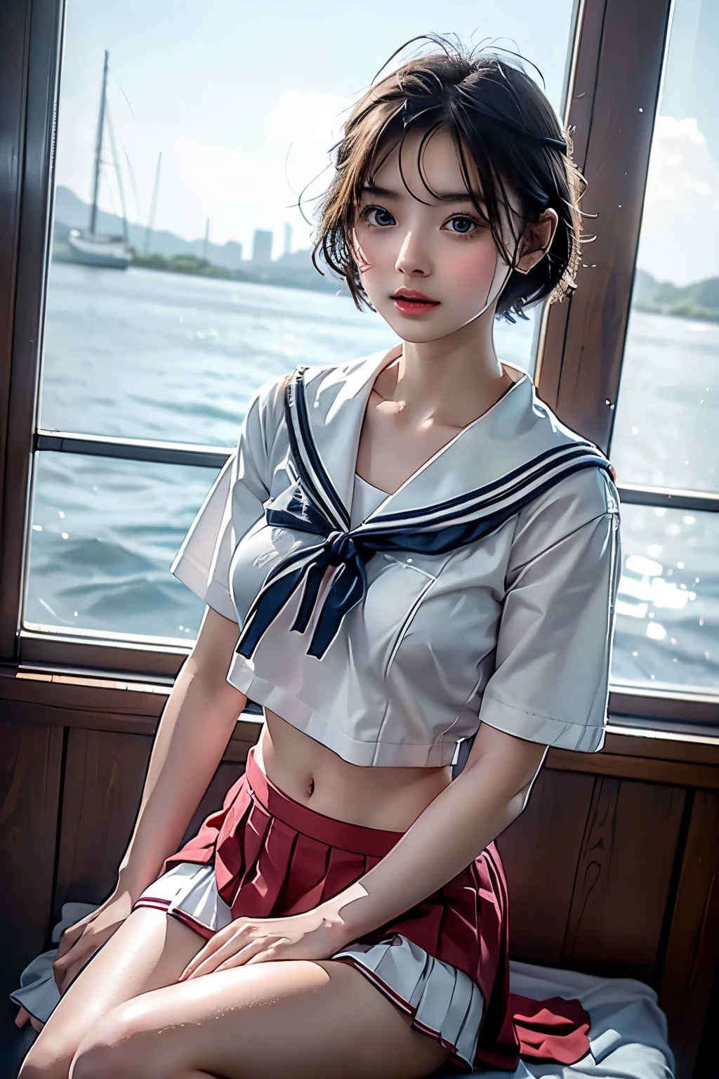 masterpiece,  best quality, 8k,  photorealistic,  high definition , 1 Female, Alone,  watch viewers, (  detail face ),(( sailor suit ))、Super beautiful girl、 erotic short hair、(( Mini Pleated Skirt))、Sitting、 Sexy Expression 、 realistic skin、Realistic Face, red ribbon ,White panties are slightly visible from the delta、Captivating Eyes