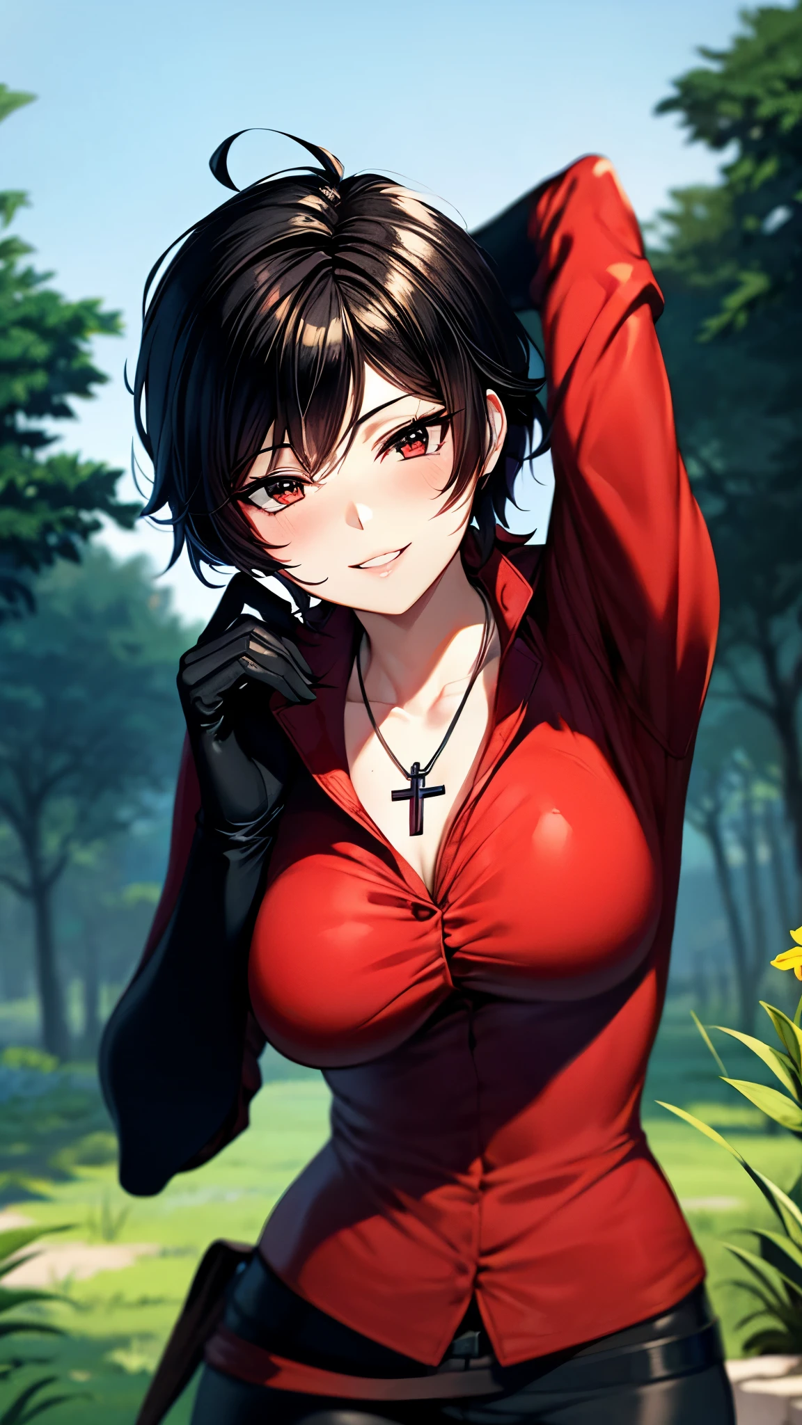 （ super quality, ultra high resolution with forest background,16k,super masterpiece,Ultra HD ,Detailed shading and background,）sexy,Photographing the upper body,Short, straight, black hair ,（A red shirt suit that has been unbuttoned, spread wide, and stood straight,Folded sleeves, black long gloves,Tight black pants, black long boots ,） cross necklace, provocative smile ,Thick lips,Neon city at night,