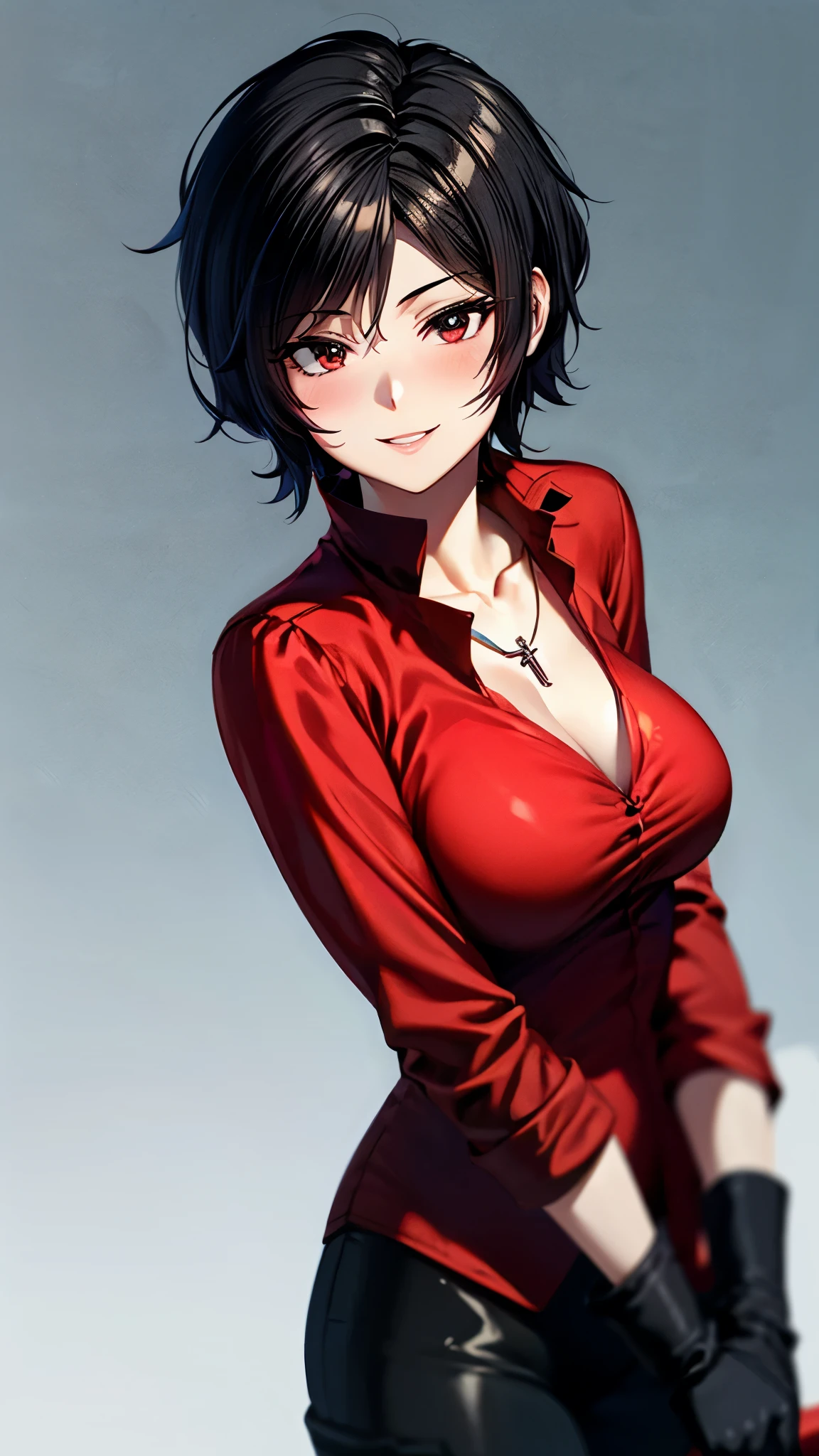 （ super quality, ultra high resolution with forest background,16k,super masterpiece,Ultra HD ,Detailed shading and background,）sexy,Photographing the upper body,Short, straight, black hair ,（A red shirt suit that has been unbuttoned, spread wide, and stood straight,Folded sleeves, black long gloves,Tight black pants, black long boots ,） cross necklace, provocative smile ,Thick lips,Neon city at night,