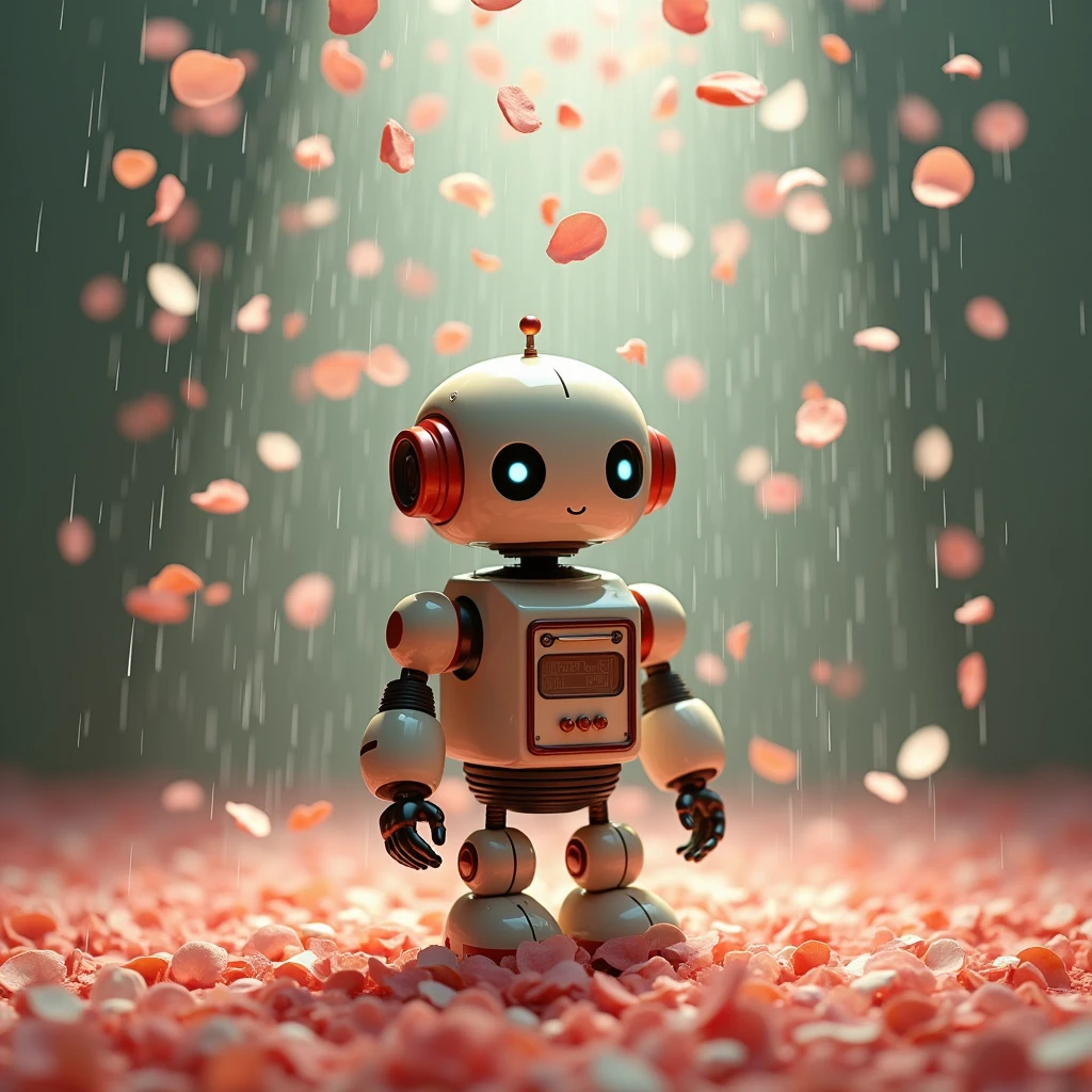 Contemporary art, artwork, theme is "rain of petals", petals of assorted colors fall like rain, retro and charming robot looks up and tilts its head, cute gesture, beautiful petals continue to fall on the robot, fantasy, sophisticated design, advanced lighting technology, live-action photo 8K quality