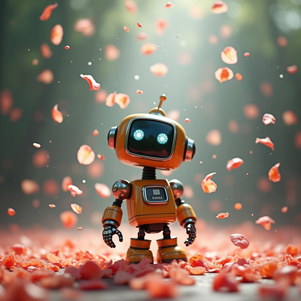 Contemporary art, artwork, theme is "rain of petals", petals of assorted colors fall like rain, retro and charming robot looks up and tilts its head, cute gesture, beautiful petals continue to fall on the robot, fantasy, sophisticated design, advanced lighting technology, live-action photo 8K quality