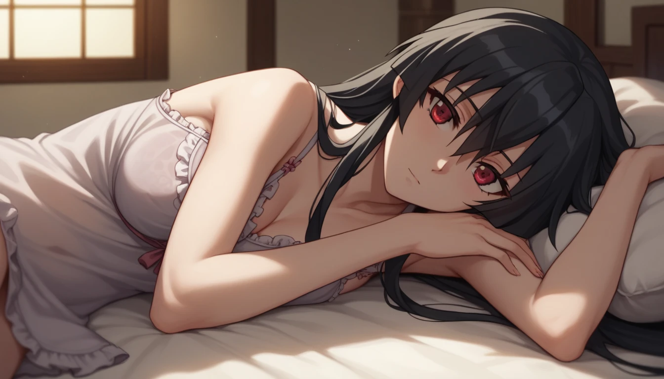 1 girl, solo, akame from Akame ga Kill, wearing a soft, cozy nightgown, long black hair, red eyes, hair slightly covering her eyes, lying in a relaxed pose, serene expression, in a comfortable bedroom setting, soft lighting, anime style, high detail