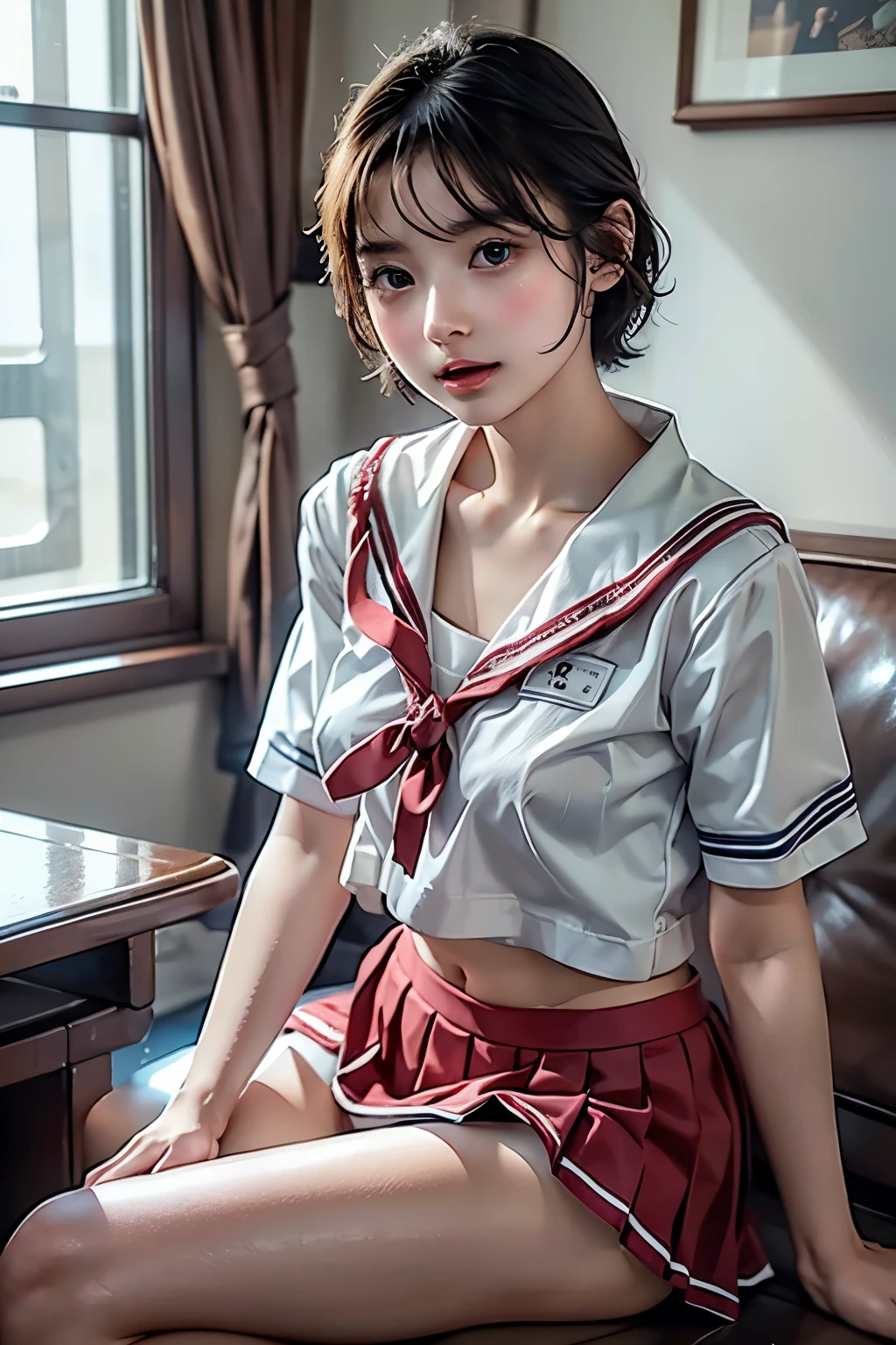 masterpiece,  best quality, 8k,  photorealistic,  high definition , 1 Female, Alone,  watch viewers, (  detail face ),(( sailor suit ))、Super beautiful girl、 erotic short hair、(( Mini Pleated Skirt))、Sitting、 Sexy Expression 、 realistic skin、Realistic Face, red ribbon ,White panties are slightly visible from the delta、Captivating Eyes