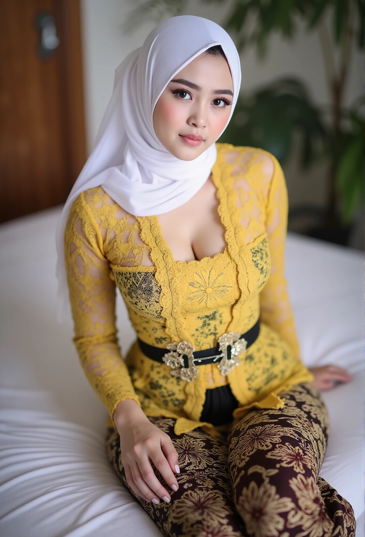 medium close up Indonesian young woman wearing a mustard yellow kebaya with a white hijab and a batik skirt lying on her back leaning on one arm ON THE BED, long open legs wrapped in traditional batik cloth, 