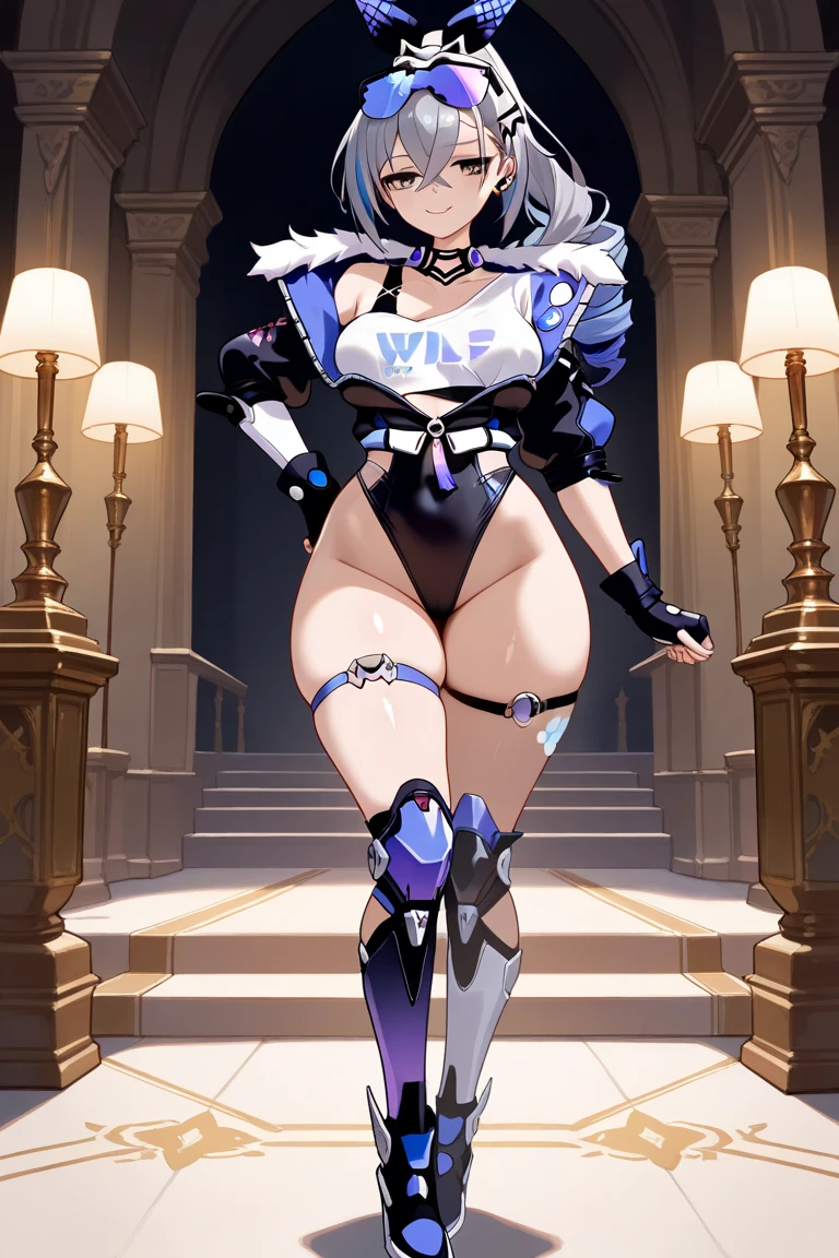 space fantasy, futuristic, arrangement costume, costumes designed to show off, evil empress, evil fallen costume,(leg armor),arm armor, silver wolf (honkai: star rail),  highleg  costume, (high legs with sharp angles),open-chested costume,1girl, alone, adapted costume, seductive smile, wide hips, thick thighs, shiny skin, large breasts, glittering palace, masterpiece,highest image quality,highest quality,high resolution,high definition, sexual costumes, pervert costume, wide hips, 