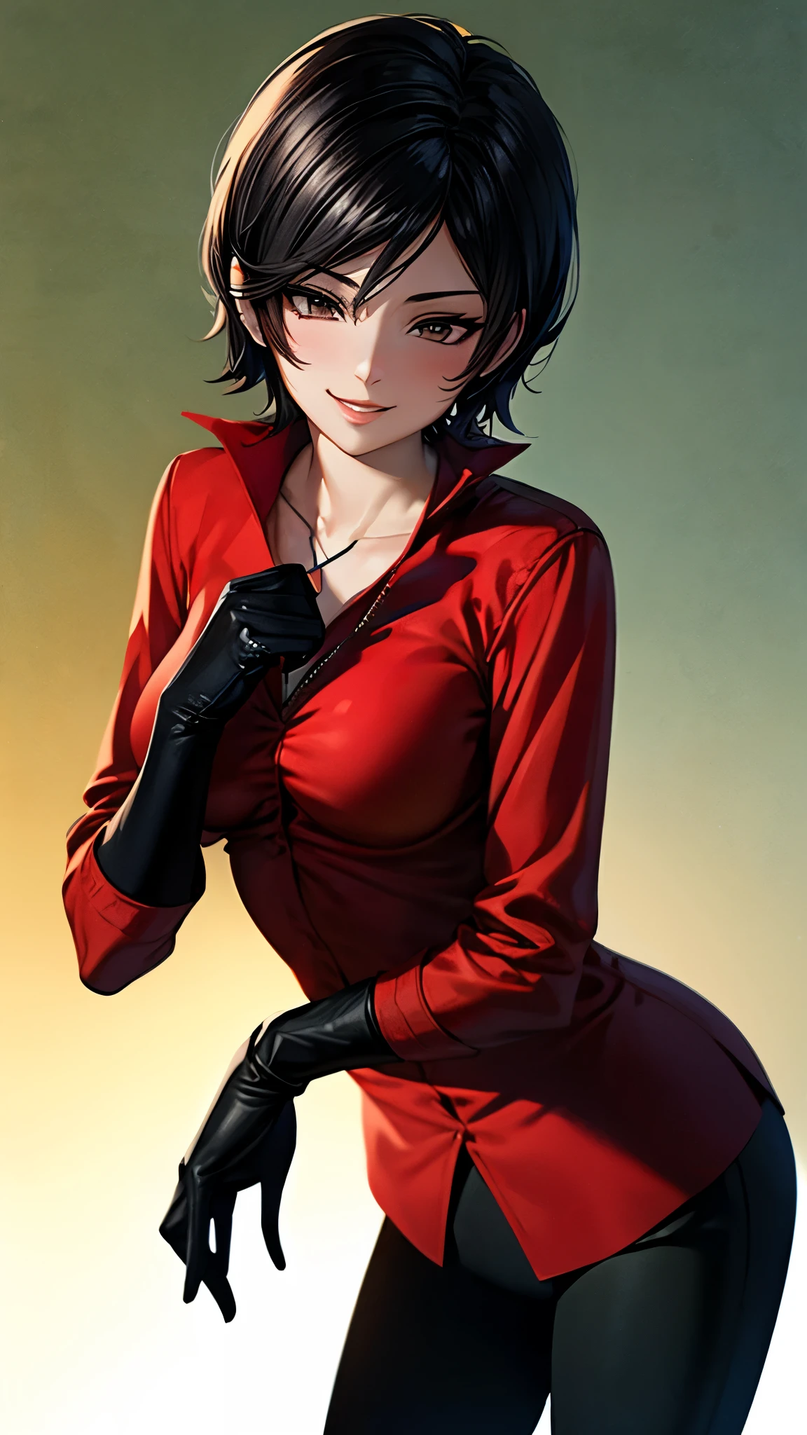 （ super quality, ultra high resolution with forest background,16k,super masterpiece,Ultra HD ,Detailed shading and background,）sexy,Photographing the upper body,Short, straight, black hair ,（A red shirt suit that has been unbuttoned, spread wide, and stood straight,Folded sleeves, black long gloves,Tight black pants, black long boots ,） cross necklace, provocative smile ,Thick lips,Neon city at night,