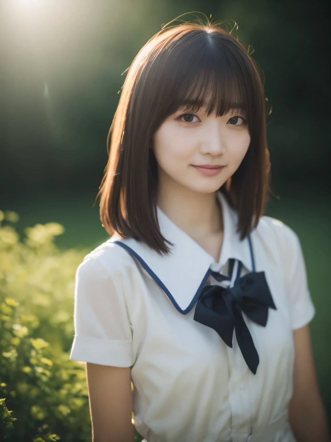 (masterpiece), (hyper realistic),raw photo,8K, 35mm:: (Artistic light leakage:1.4), Lens flare::4 - Style Row - AR 2:3 --s 150 --c 4 japanese girl, 20 years old, detailed skin, detailed face, no make face, smile, school short uniform, dinamic lighting, flowers background, 