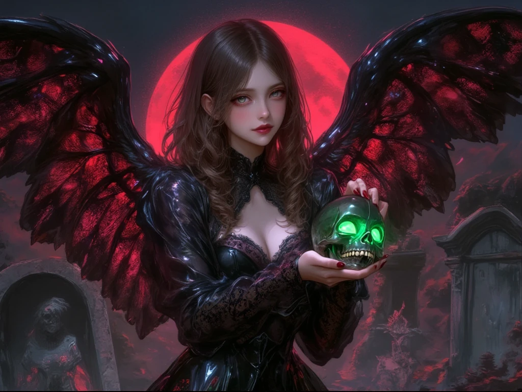 Gothic fantasy scene, mysterious woman with mesmerizing hazel-green eyes and dark angelic wings, intricate Victorian-inspired lace gown, holding a glowing skull emitting eerie light, haunted cemetery with weathered tombstones, full red moon in the background, dark surreal atmosphere, somber and hauntingly beautiful expression, dramatic lighting, ultra-detailed, photorealistic, UHD 8K quality, SSAA rendering, diabolical beauty, slightly smiling, gothic scenery, fairy lighting, oil painting, ink artistic conception, hyper-realistic, depth of field, charming, desire, Obscene, Captivating body lines, ((fine facial features, eroticism)), Realistic, masterpiece, 8k, Cinematic Composition, dark moody vibe, Dramatic Shadows, Intricate and elaborate pattern, 30 megapixel, chiaroscuro lighting, moody color palette, deep contrast, super real, real paint texture, A fusion of the styles of Katsuya Terada, Range Murata, Akiman and JUNNY