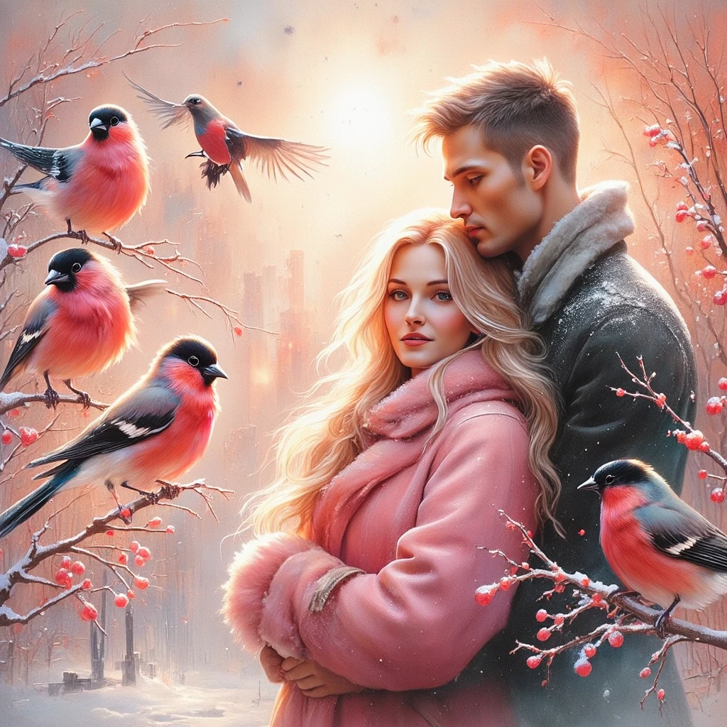 (((EXTREMALLY DETAILED ULTRAREALISTIC 3D OCTANE RENDER VOLUME EMBOSSING IMPASTO FOREGROUND: 1.5))) It's a beautiful SNOWY scene of WINTER with SNOWBIRDS in vibrant PINK-RED-BURGUNDY hues and HOLOGRAPHICBLIKS SNOWFLAKES sparkling in bokeh light, a beautiful HAPPY LOVE couple, a long BLONDE 18 YEARS WOMAN EMOTIONAL EXPRESSIVE PASSIONATE HUGS 30 YEARS MUSCULAR BRUTAL MAN WITH SHORT BLACK HAIR, standing TOGETHER. ON PASTEL BACK SNOWY TREES WITH  BULLFINCHES, illuminating branches in warm sunlight, creating a peaceful and golden mood. Paint a dreamy hazy breezy wet on wet watercolour artwork, using minimal paints and maximum loose water effects, WINTER  colour palette, melancholy composition, minimalist, impressionist, with no text. MODERN CASUAL WINTER COATS. PASTEL MOODY BACK MODERN MIRROR'S SKYSCRAPERS. BEAUTIDUL DETAILED EYES.
bokeh ethereal beautiful fantastic view Golden ratio dreamy nostalgic Atmospheric melancholy natural light Tran Nguyen rules of third Visual Poetry fog and smoke unfiltered creativity minimal paint and water effects beautiful WINTER palette Dreamy Hazy Breezy (((2D BLURRY PASTEL BACKGROUND: 1.2))) (((GLOSSING ULTRADETAILED IDEALSILKGLOSSING HAIRS))) (((MODEL BEAUTIFUL HANDSOME IDEAL FACES)))