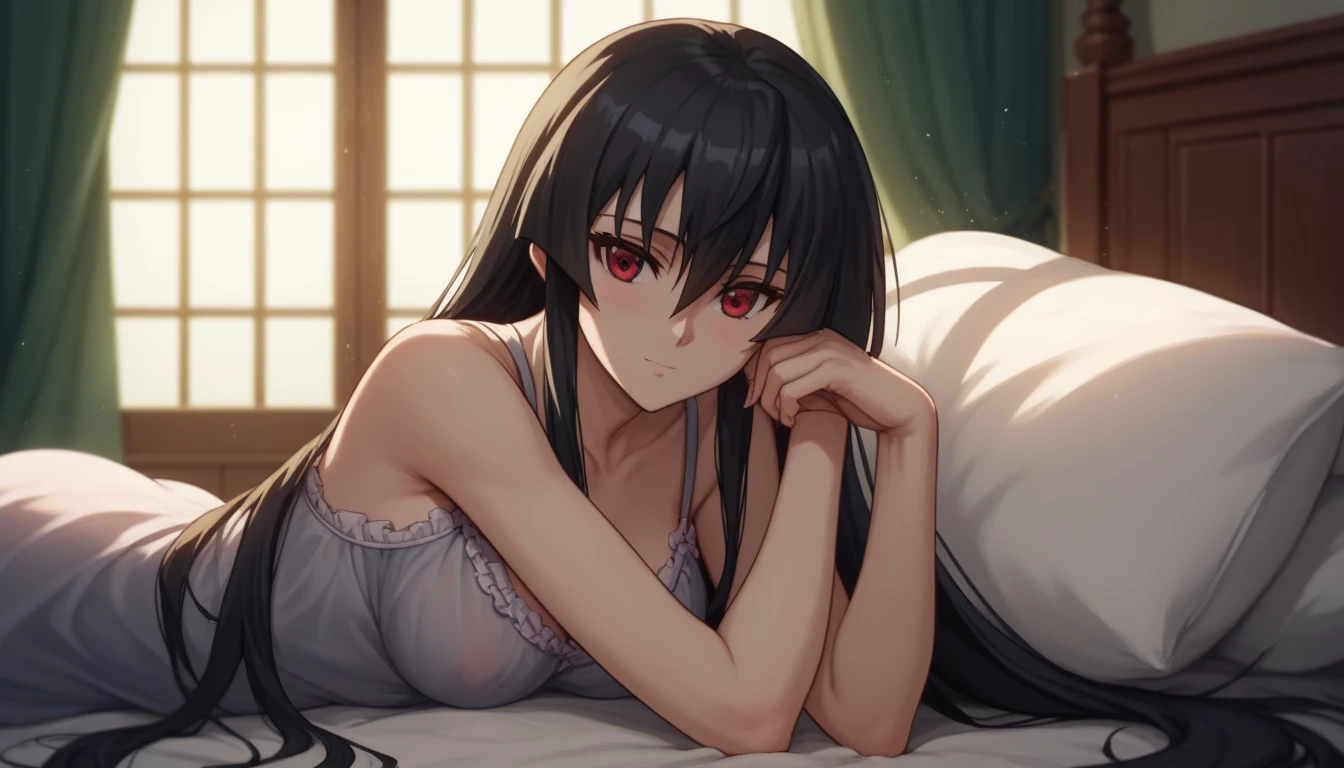 1 girl, solo, akame from Akame ga Kill, wearing a soft, cozy nightgown, long black hair, red eyes, hair slightly covering her eyes, sitting or lying in a relaxed pose, serene expression, in a comfortable bedroom setting, soft lighting, anime style, high detail
